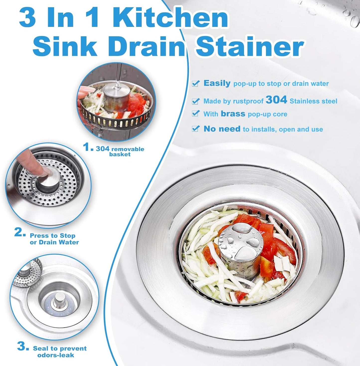 3-in-1 Kitchen Sink Drain Strainer & Stopper with Basket, Stainless Steel Drain Plug Cover Catcher for Food Waste - Sink Accessories for Home or Kitchen Sink Shroom Fit US Standard 3-1/2'' Drain Hole