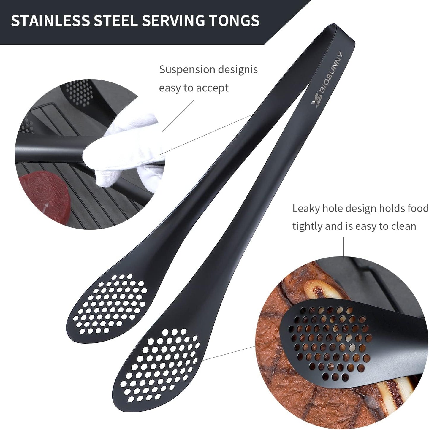 MSY BIGSUNNY Kitchen Buffet Tongs - Heavy Duty Food Serving Set for Cooking, BBQ - Metal Salad Tongs Set of 3 (Black 7" 9" & 11")