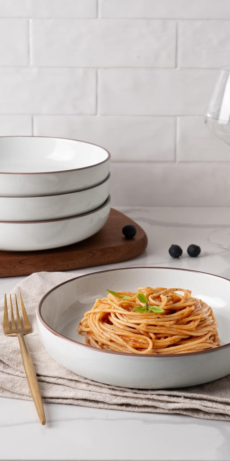 famiware Mercury Pasta Bowls Set of 4, 33 oz Large Salad Bowls, Stoneware Pasta Plates Bowls, Serving Bowls for Kitchen, Microwave & Dishwasher Safe, White