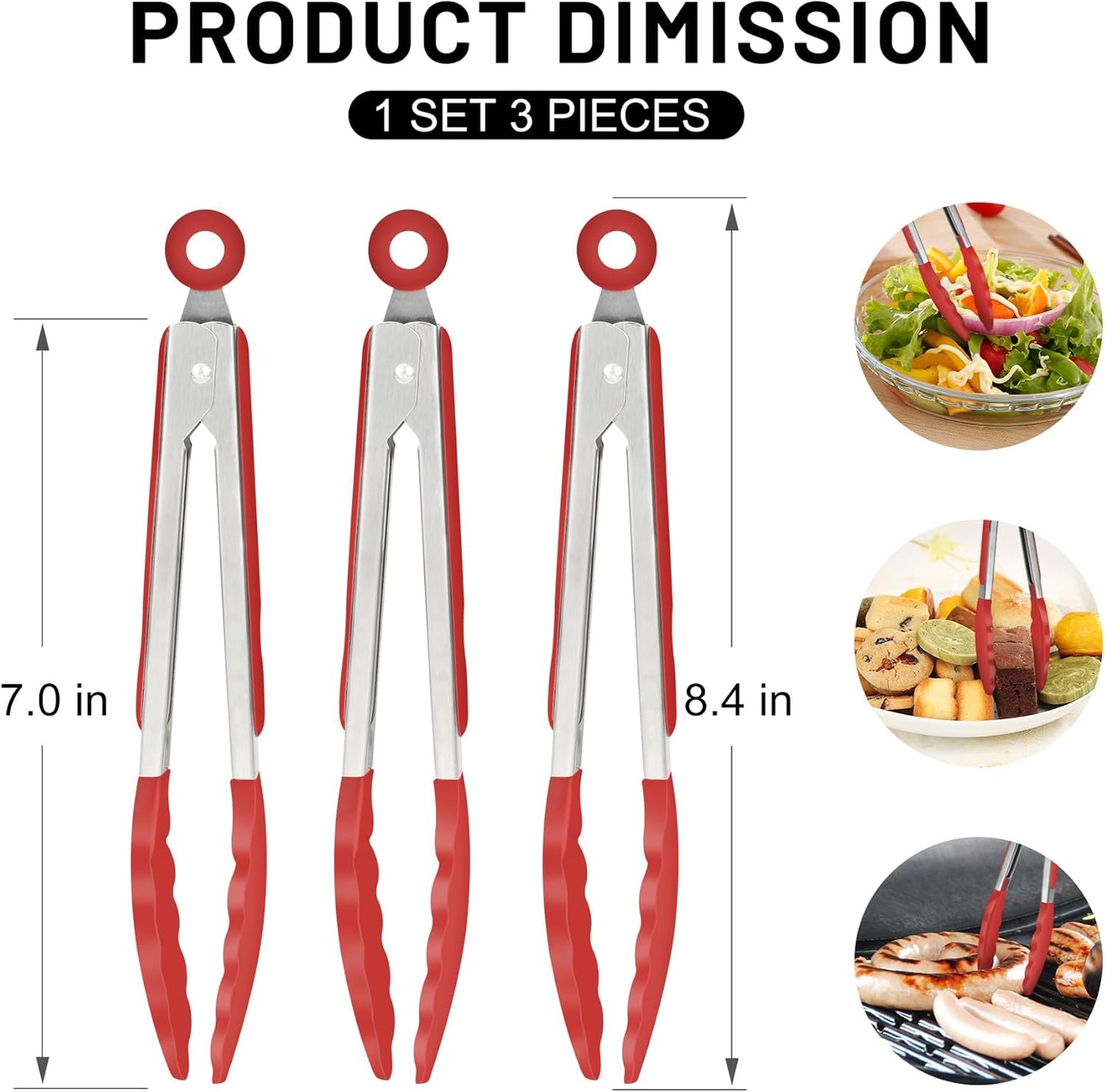 Hotec Mini Silicone Kitchen Tongs for Cooking - 7-Inch Small Serving Tongs with Silicone Tips, Set of 3 (Red)