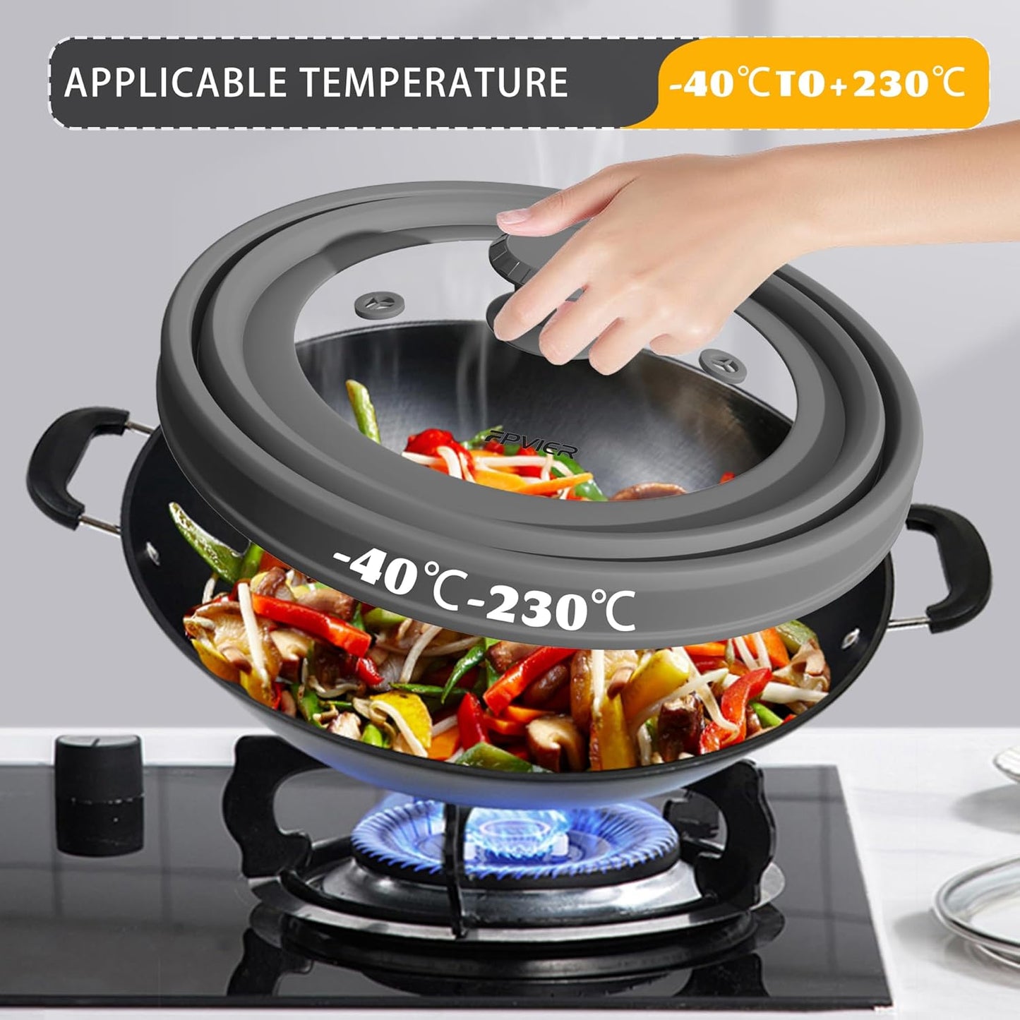 Collapsible Microwave Splatter Cover - Vented Silicone & Glass Lid with Easy-Grip Handle, Fits 6 to 11 Inch Plates & Bowls, 11.8 Inch Diameter, Prevents Splatters & Ensures Even Heating