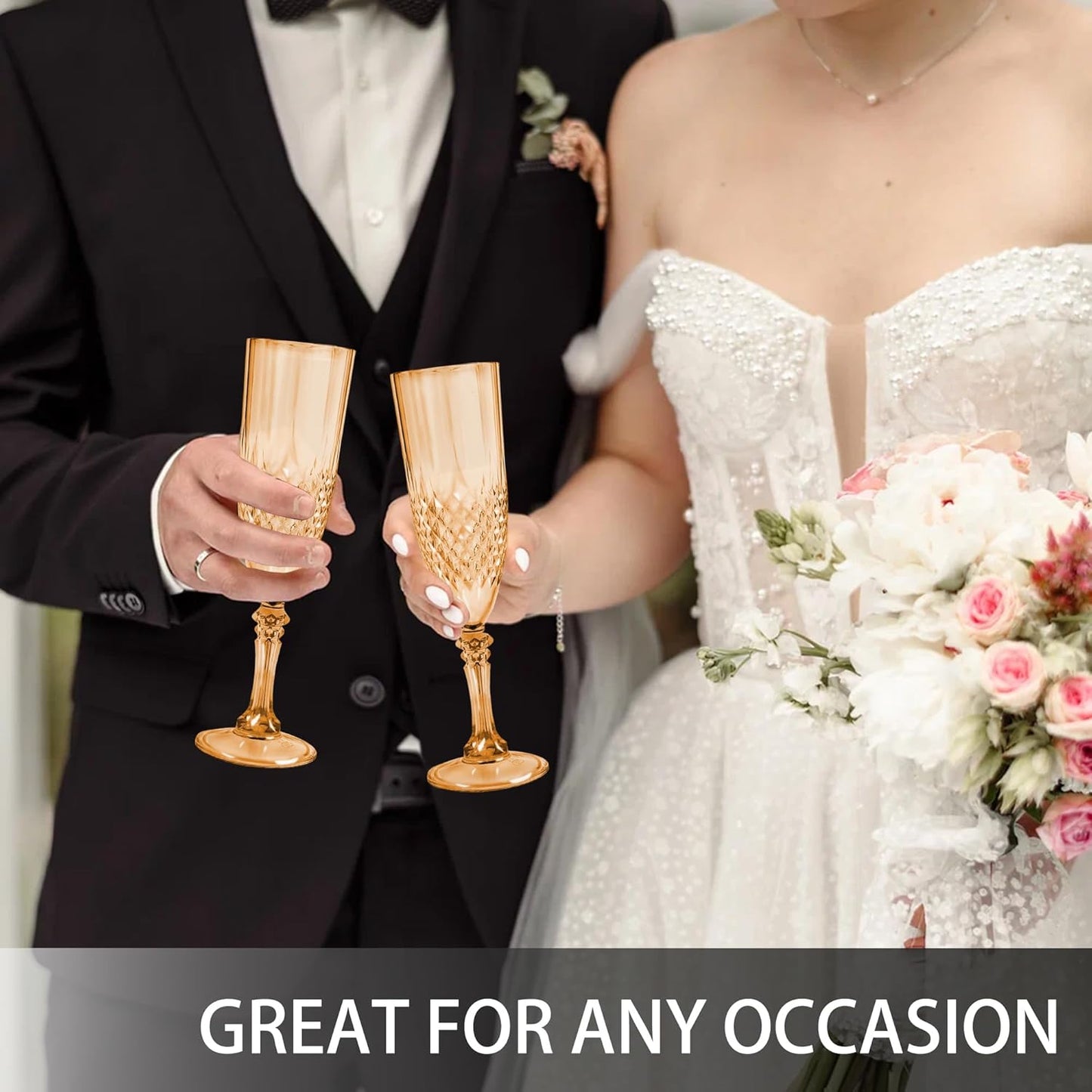 Plastic Champagne Flutes, 48PCS Gold Plastic Wine Glasses Goblets Reusable Champagne Flute for Weddings, Bachelor Parties, Toasting, and Events(48, Gold)