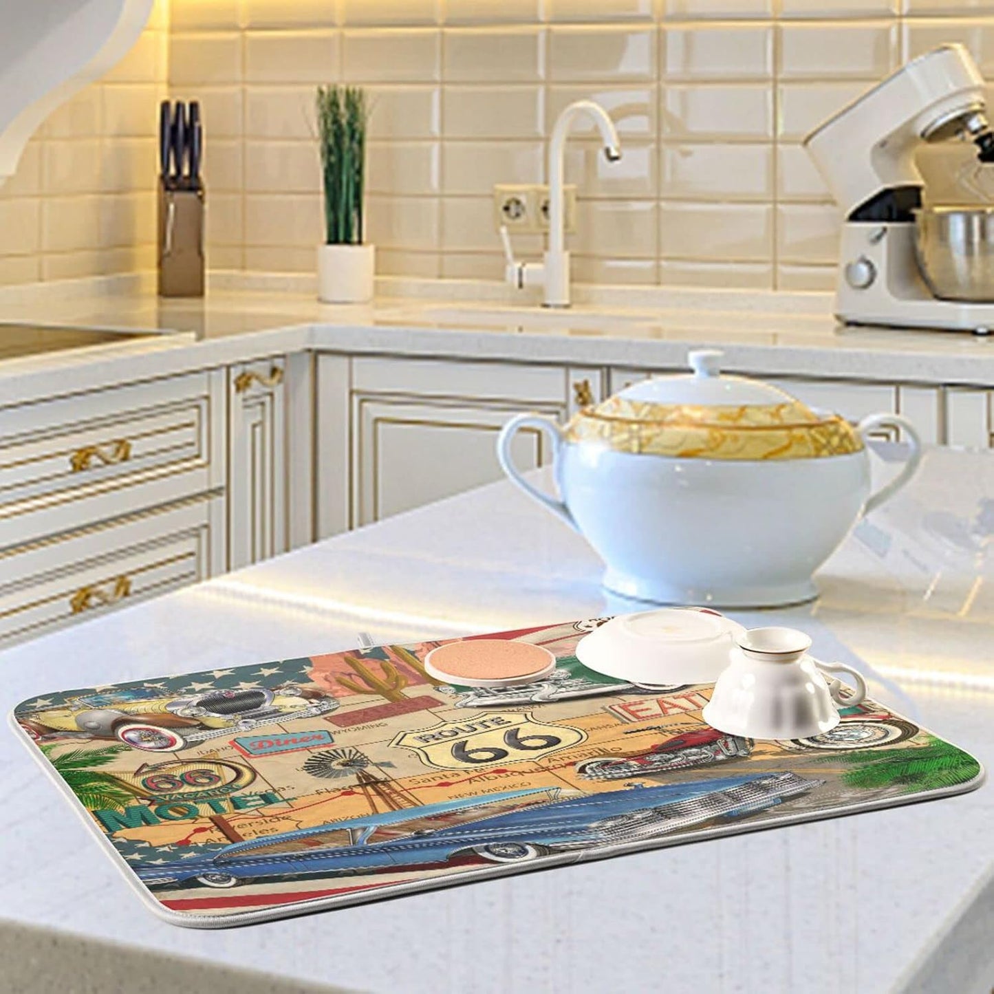 senya Super Absorbent Dish Drying Mat, Microfiber Fast-Drying Dish Mat, 24'' x 18'', Kitchen Dish Drying Pad, Retro Route 66 Poster, (g289343280p523c558s1114)