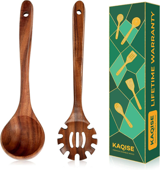 Wooden Spoons for Cooking, 2PCS Natural Teak Wooden Utensils, NonStick Kitchen Utensils Set for Stirring,Serving Spaghetti, Soup, Sauce (Ladle & Pasta Fork)