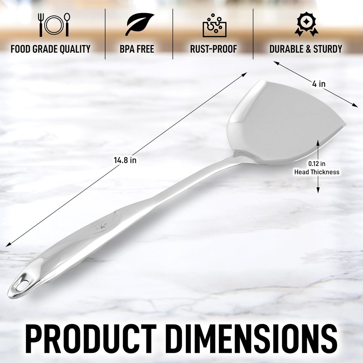 Zulay Kitchen Stainless Steel Metal Wok Spatula - Durable Wok Turner Spatula Shovel - Durable Utensil with Ergonomic, Easy to Use Handle - Easy to Clean, Perfect for at Home Cooks & Chefs - 14.8”