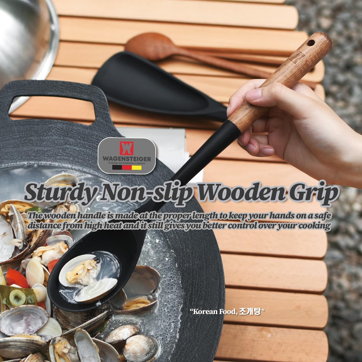 Silicone Cooking & Serving Spoon: Multi-Purpose Cooking Tool for Basting Serving Scooping Scraping Mixing Basting, Non-stick Cookware Safe, Wooden Handle Design