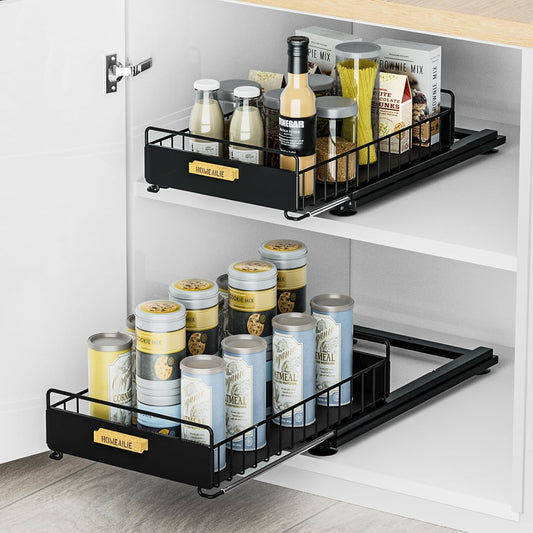 Under Sink Organizer, 2 Packs Under Sink Organizers and Storage, Slide Out Pull Out Cabinet Organizer Shelf with Metal Drawers for Kitchen Bathroom Pantry, Black
