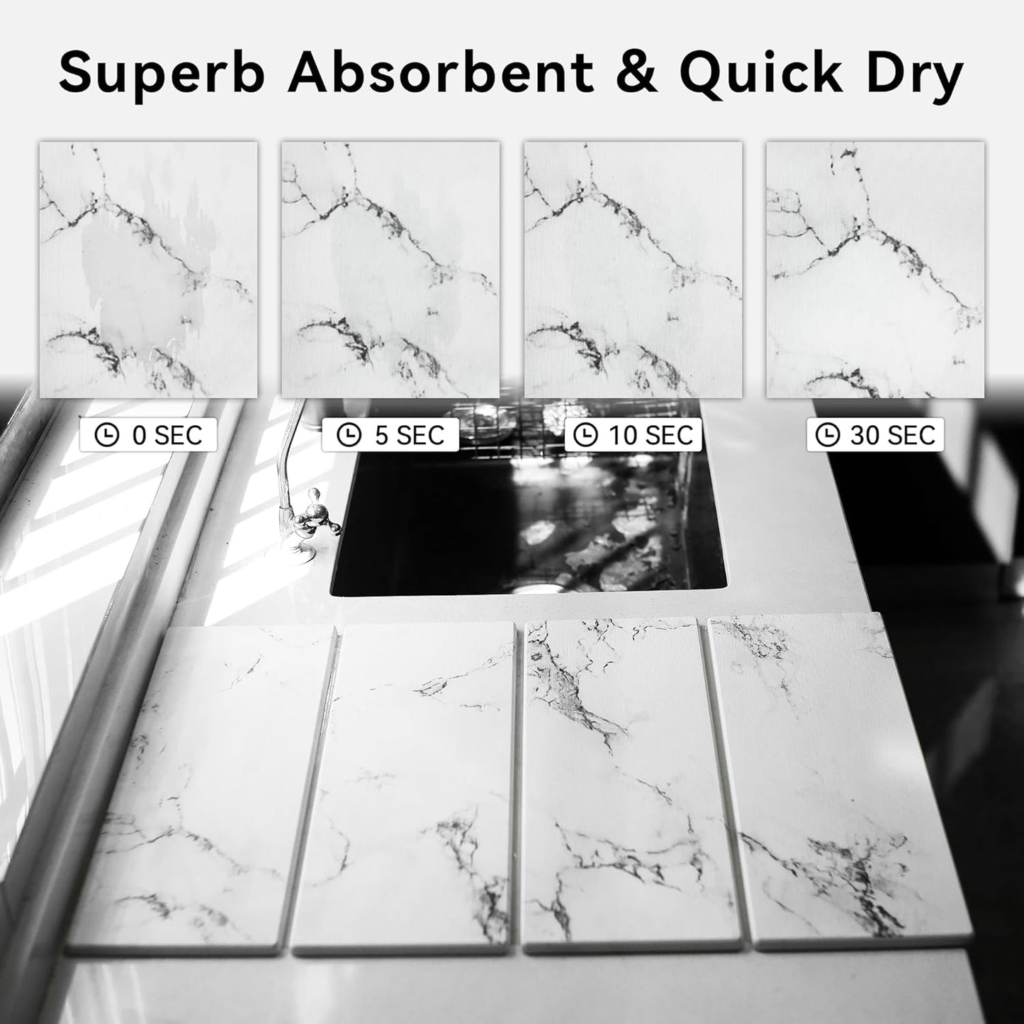 Stone Dish Drying Mat for Kitchen Counter, 24" x 16" Diatomaceous Earth Drying Mat, Foldable Stone Drying Mat, Super Absorbent Fast Dry Stone Mat, Drying Board Diatomaceous for Kitchen, Marble White