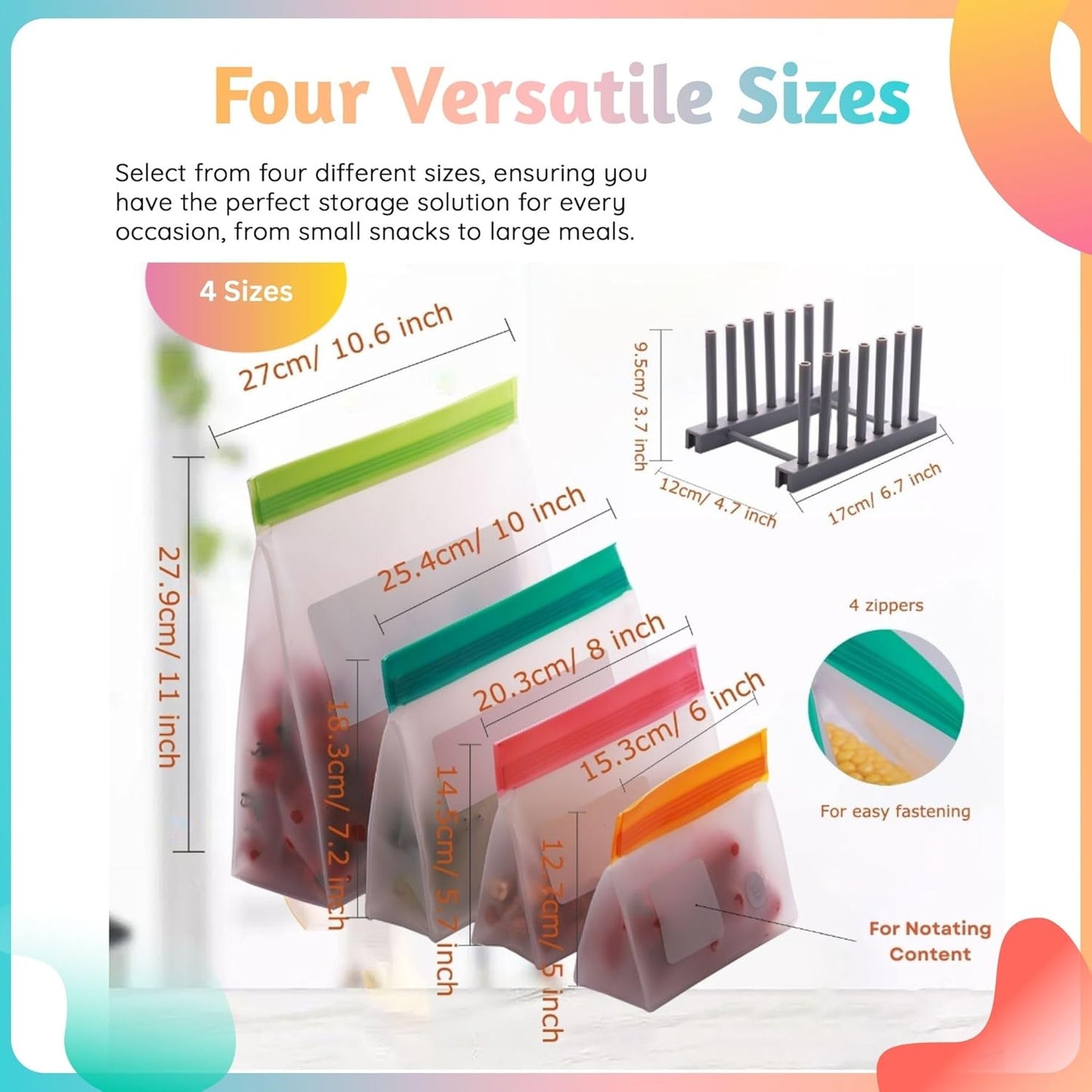 Reusable Silicone Food Storage Bags – 14-Pack Stand-Up, BPA-Free, Freezer, Dishwasher Safe & Eco-Friendly – 3 L, 8 M, 3 S Bags – Airtight Leakproof, Sandwich, Snack, and Meal Prep Baggies (Multicolor)