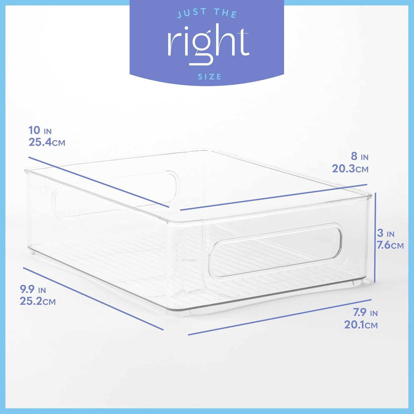 Plastic Food Storage 6 Pack Clear Container Bin with Handles for Organizing Kitchen, Pantry, Refrigerator, Freezer, Pantry, Cabinet, Closet, Bathroom. Stackable 10”x8”x3”