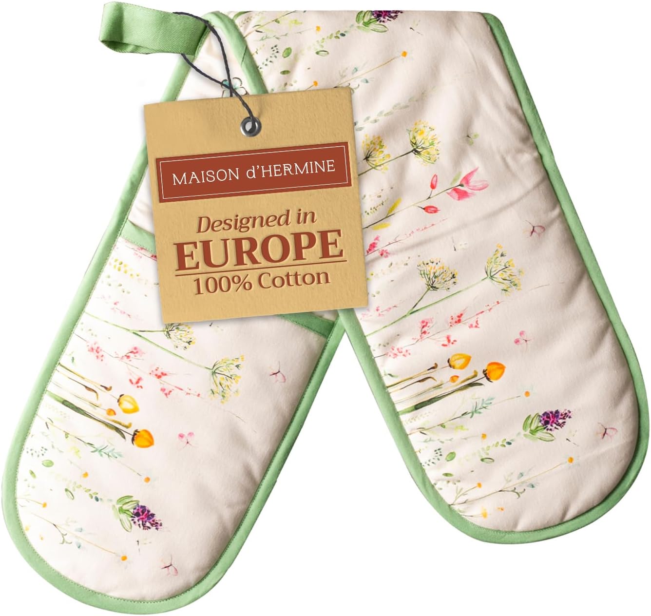 Maison d' Hermine Double Oven Mitts 100% Cotton 7"x35" Double Oven Mitt Heat Resistant BBQ Cooking Gloves with Loop, Baking, Grilling, Home, Kitchen, Handling Hot Pans Spring Summer (Botanical Fresh)