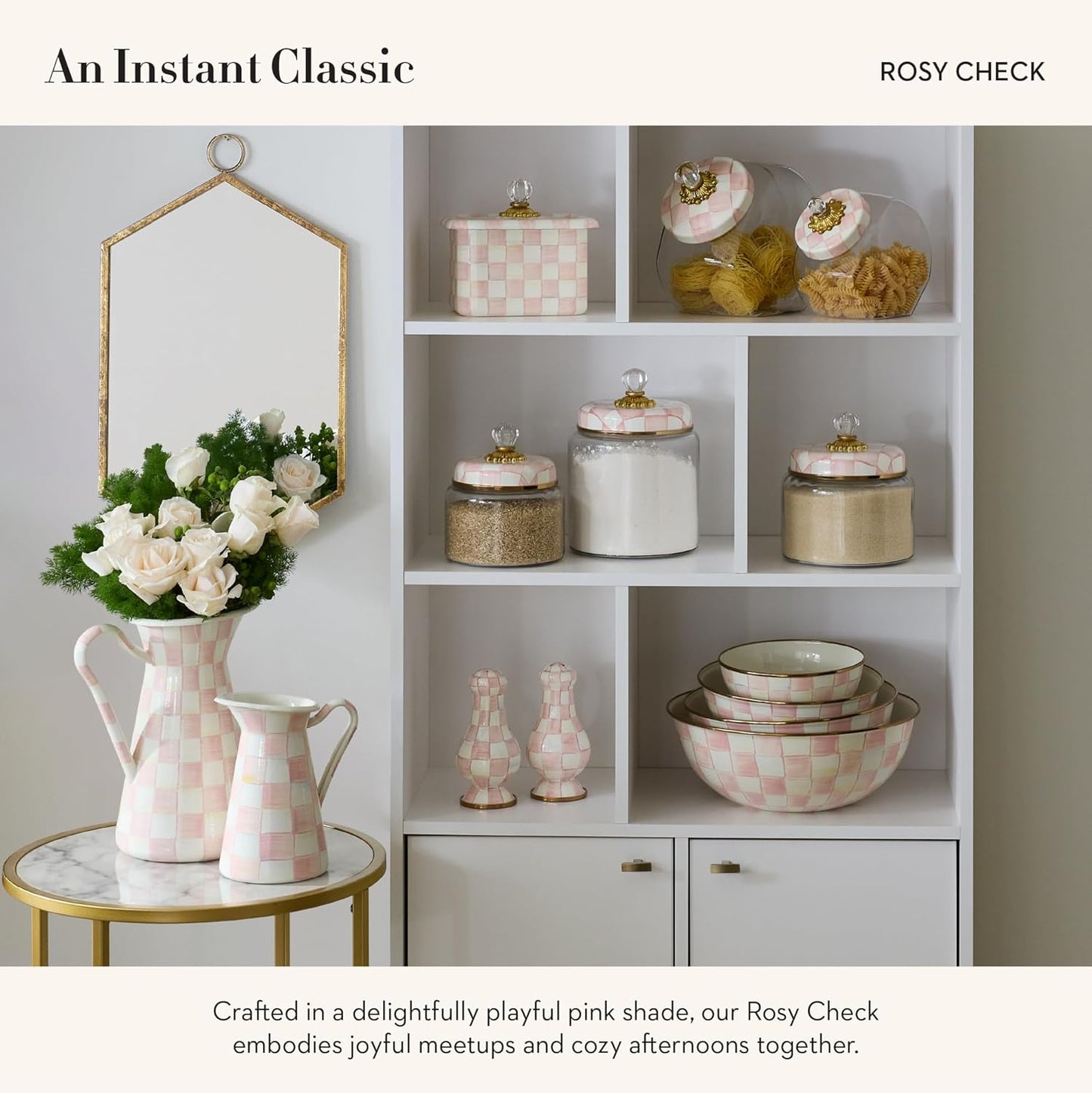 MACKENZIE-CHILDS Enamel Everyday Bowl, Serving Bowl for Entertaining, Extra-Large, Pink-and-White Rosy Check, Set of 1