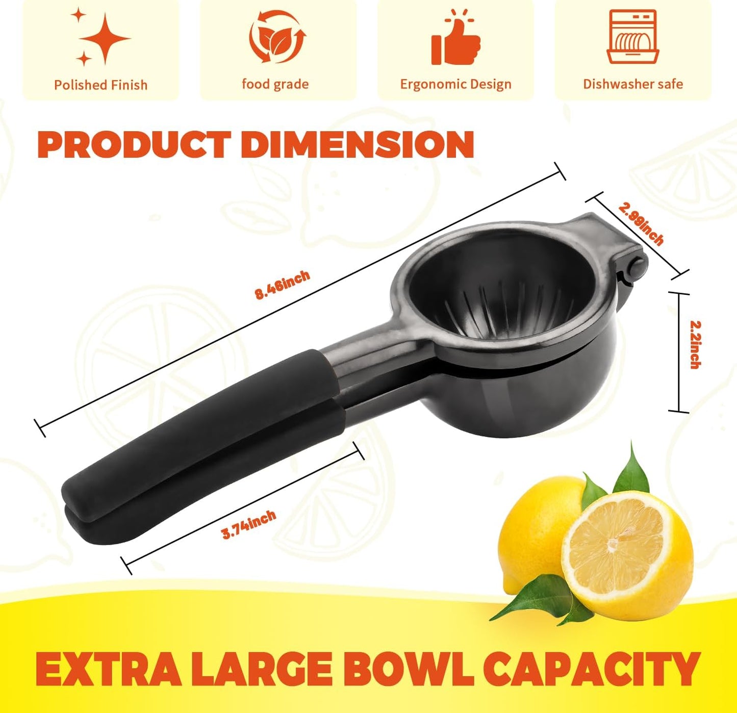 Lemon Squeezer,304 Stainless Steel Citrus Press Juicer,Non-Slip Grip Design Manual Juicer,Heavy Duty Manual Citrus Press Juicer & Lime Squeezer-Grey & BLack