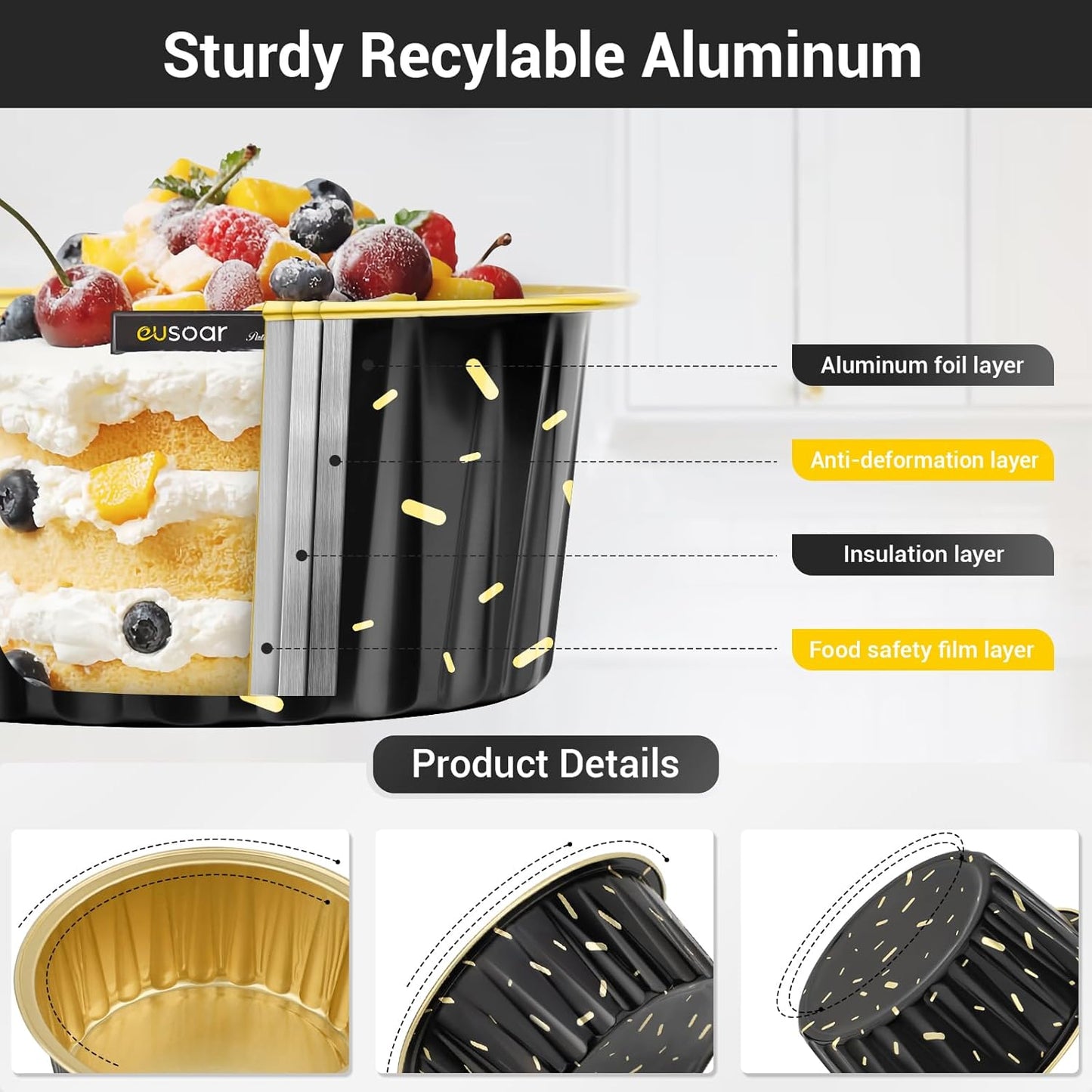 EUSOAR Foil Ramekins with Lids, Black 60Packs 5oz Disposable Baking Cups Foil Liner Cupcake Container, Dessert Cheesecake Pan Creme Brulee Cupcake Containers for Catering Gathering Club Wedding Party