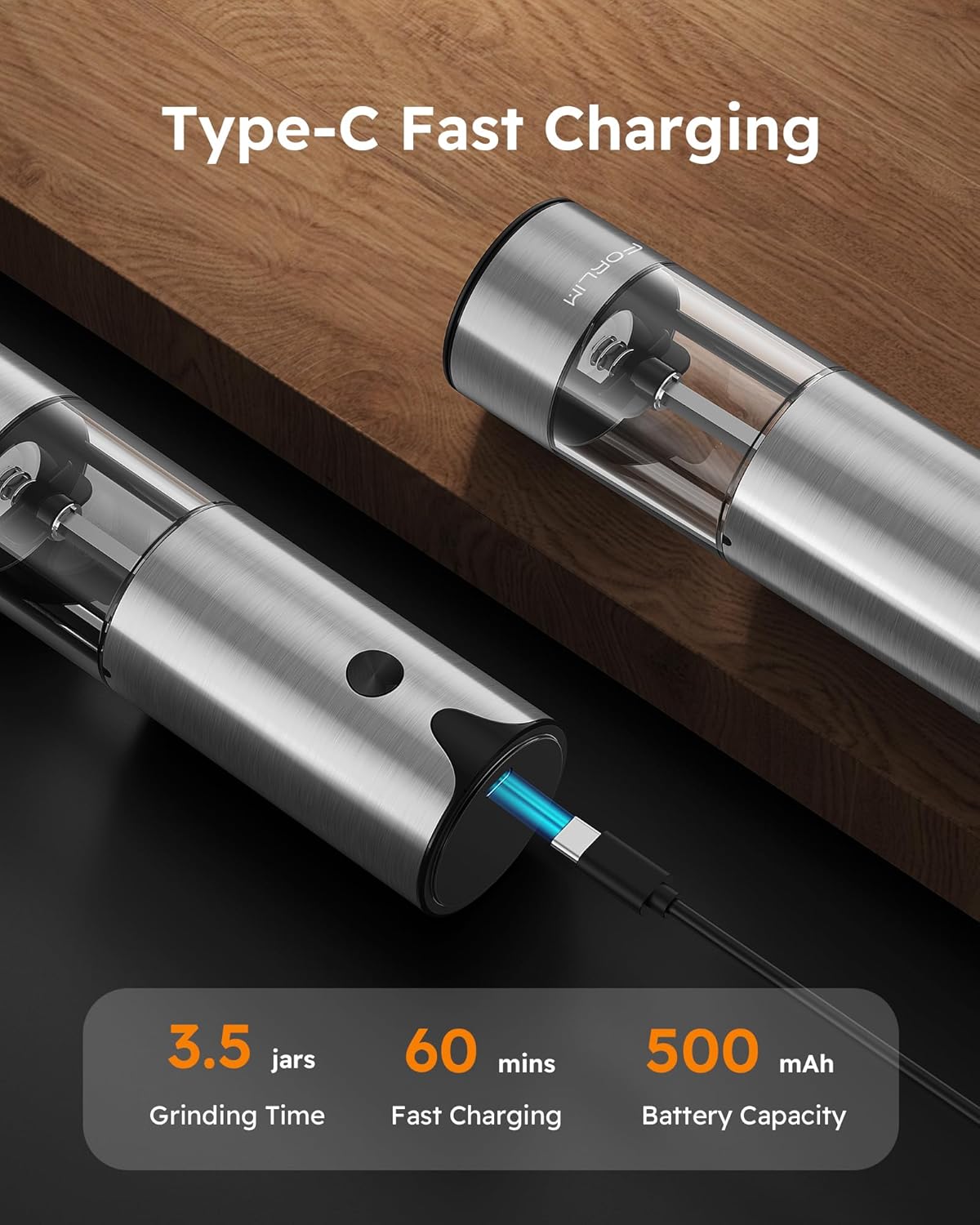 FORLIM Electric Salt and Pepper Grinder Set, USB Rechargeable, Automatic Salt Pepper Mill Grinder with Dust Cover, One-Button Control, Adjustable Coarseness, Warm LED Light (2 Packs, Stainless Steel)