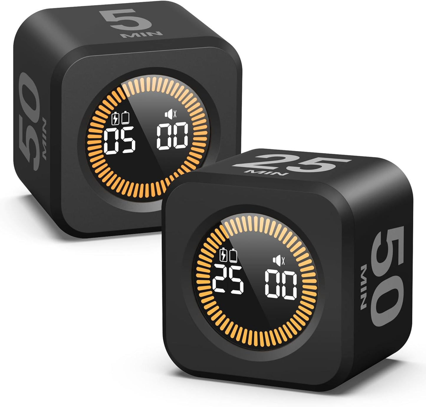 KADAMS Pomodoro Cube Timer Productivity Visual Timer - 5/10/25/50 Min Rotating Countdown, Customize Countup Silent Mode- for Work Study Cook Workout Kitchen Back to School Classroom (Black 2 Pack)