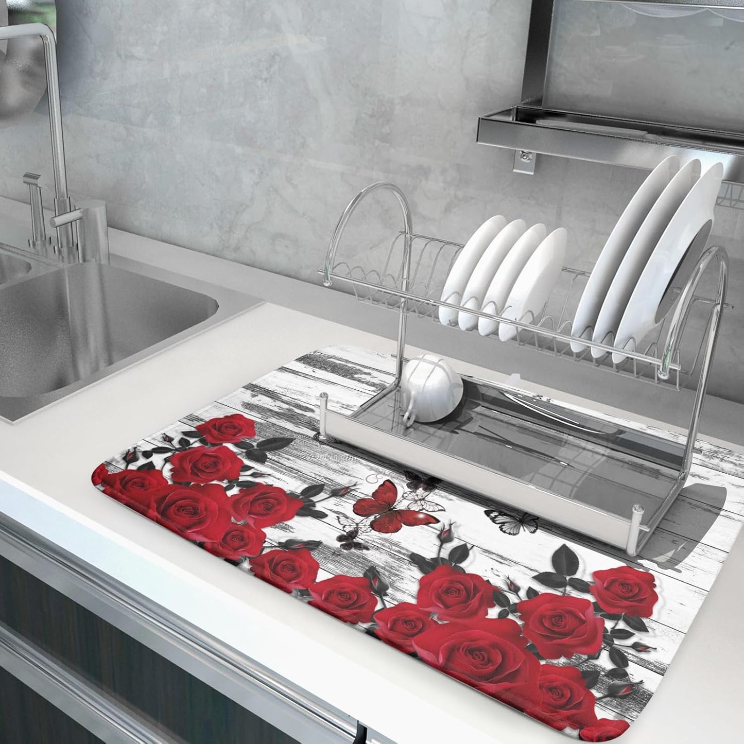 Red Rose Dish Drying Mat 18x24 inch Romantic Floral Absorbent Microfiber Sink Counter Dishware Drainer Pad for Kitchen Coffee Bar Decor