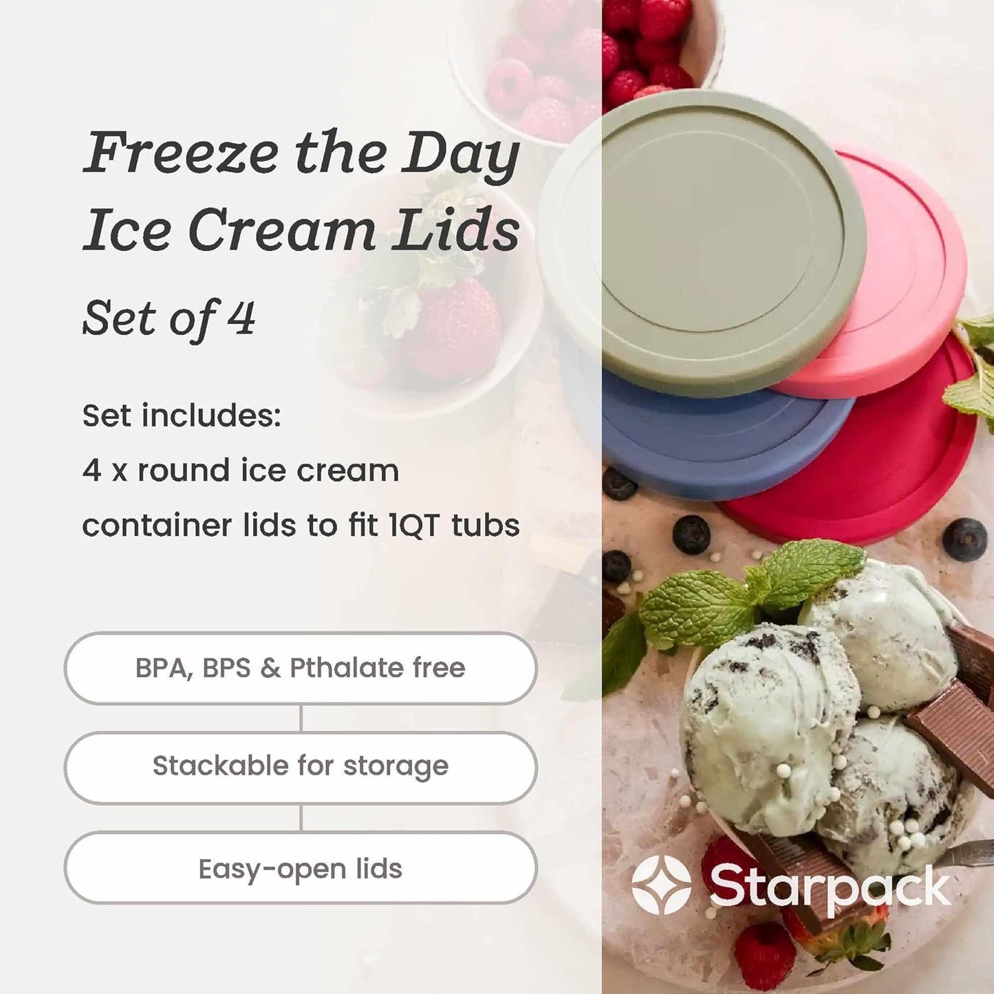 Starpack 'Freeze the Day' Leak-Free Lids for Ice Cream Storage Containers for Freezer (4 Pcs) - 1 Quart Ice Cream Containers for Homemade Ice Cream - Reusable Ice Cream Containers with Lids (Silicone)