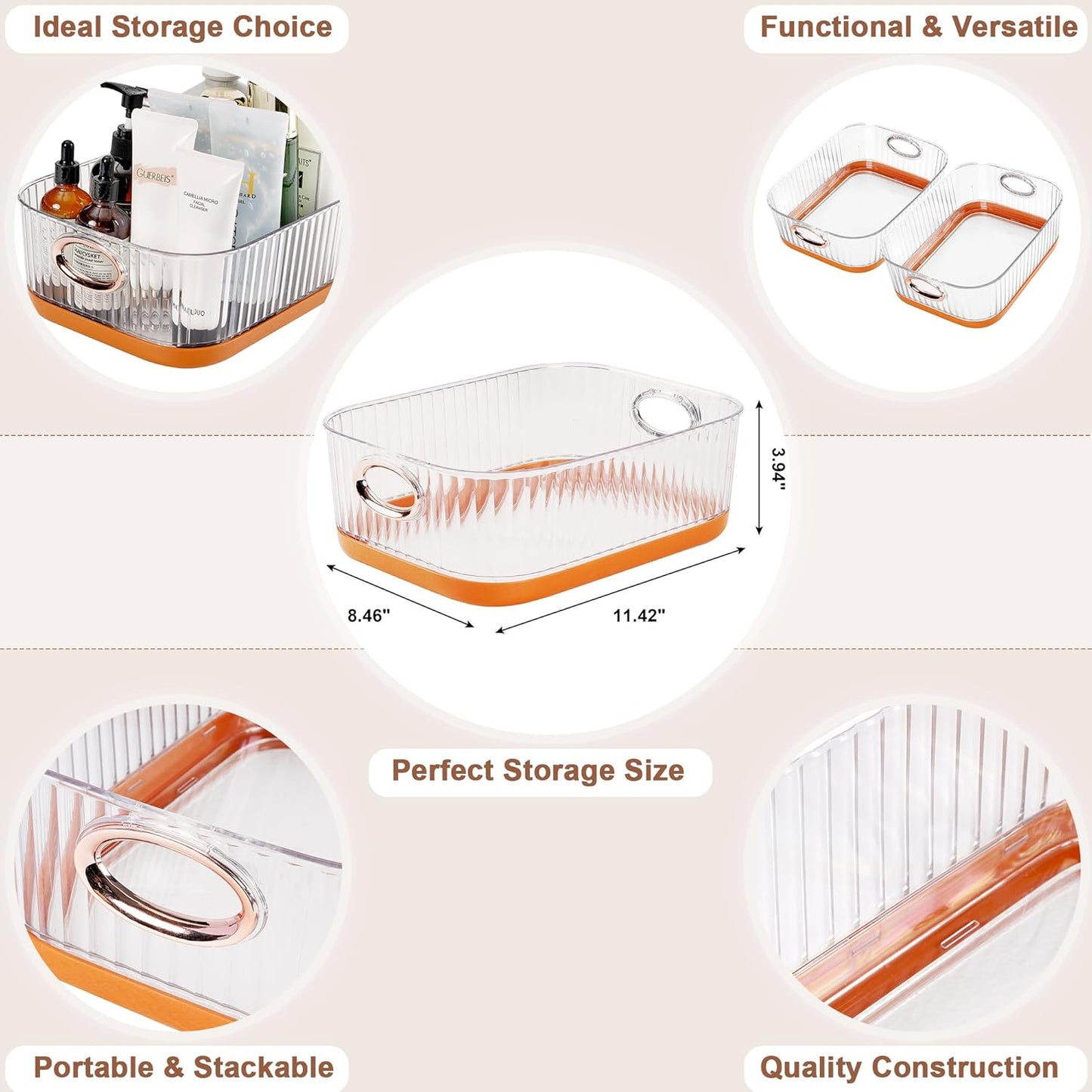 VECELO Refrigerator Organizers - Durable PET Storage Bins, Space Saving, Clear View, Contain Spill, Organizer for Kitchen, Laundry, Closet - Set of 2