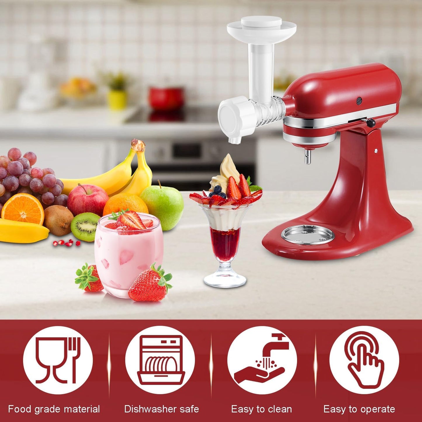 Ice Cream Maker Attachment for KitchenAid Stand Mixers, Dairy Free Frozen Fruit Soft Serve Ice Cream Machine Compatible with KitchenAid and Cuisinart, for Making Yogurt/Natural Desserts/Gelato
