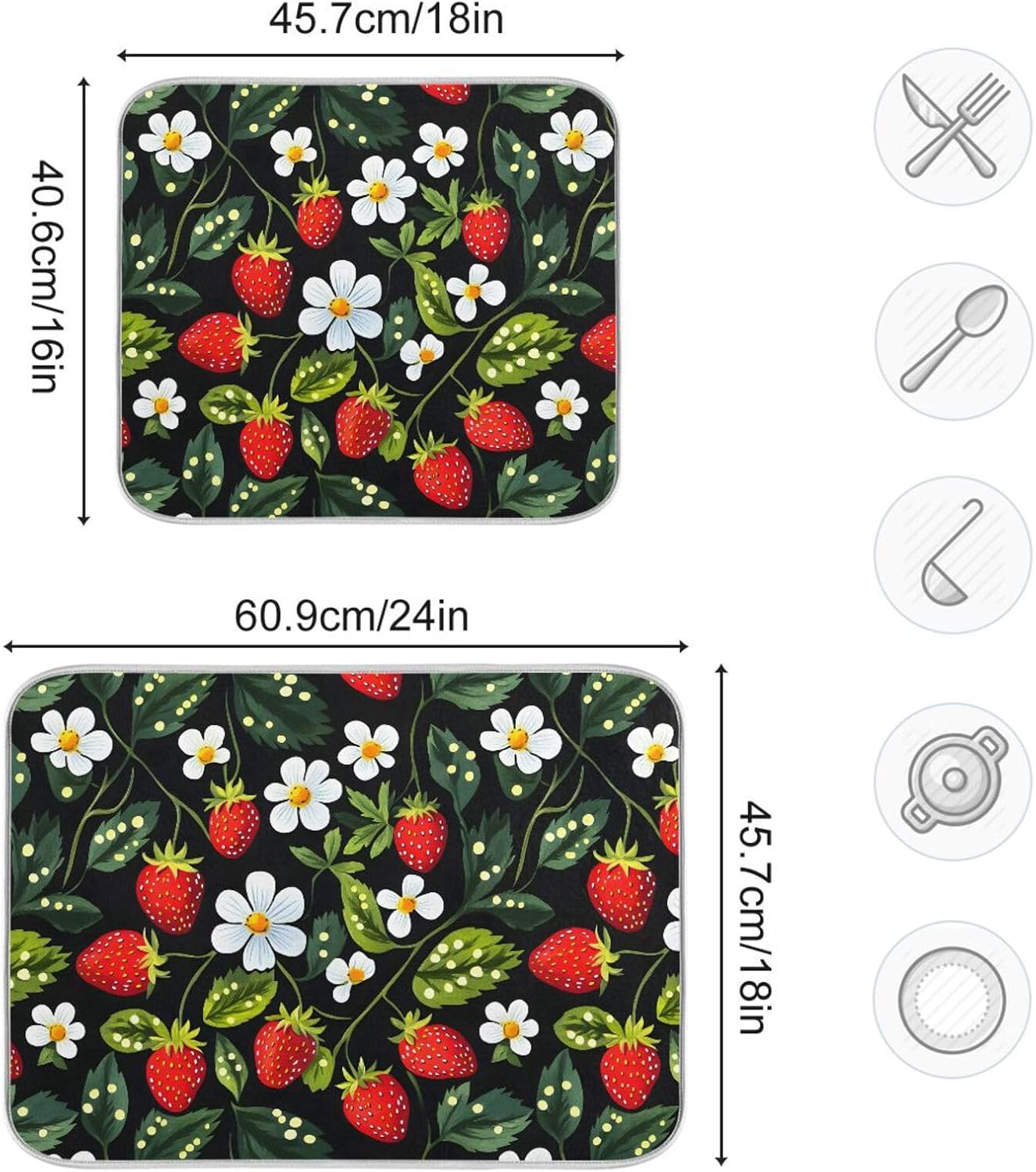 Strawberries White Flowers Dish Drying Mat for Kitchen Counter Absorbent Microfiber Drying Pad, Large 18x24 in, Reversible Drainer Mats
