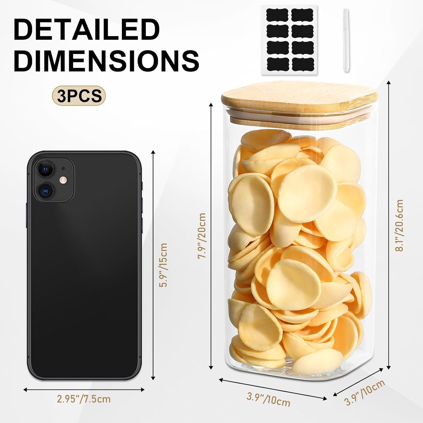 Glass Food Storage Jars with Lids(50oz)Square Set of 3 ,Glass Storage Containers Clear Glass Food Canister with Bamboo Lid Airtight For Serving Tea, Coffee Beans, Flour,Cookie, Cereal,Spice and More