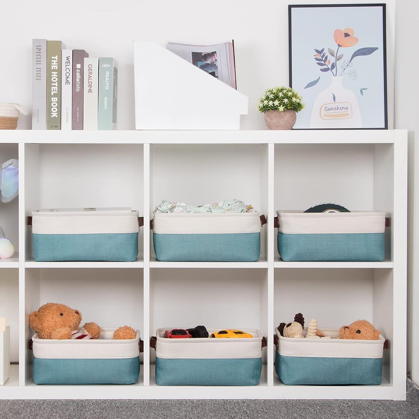 HNZIGE Storage Baskets Bins Set, (6 pack) Small Fabric Baskets for Shelves, Baskets for Gifts Empty with Handles for Organizing Shelf Nursery Home Closet Clothes room(White Teal, 11.8" x 7.8" x 5.1")