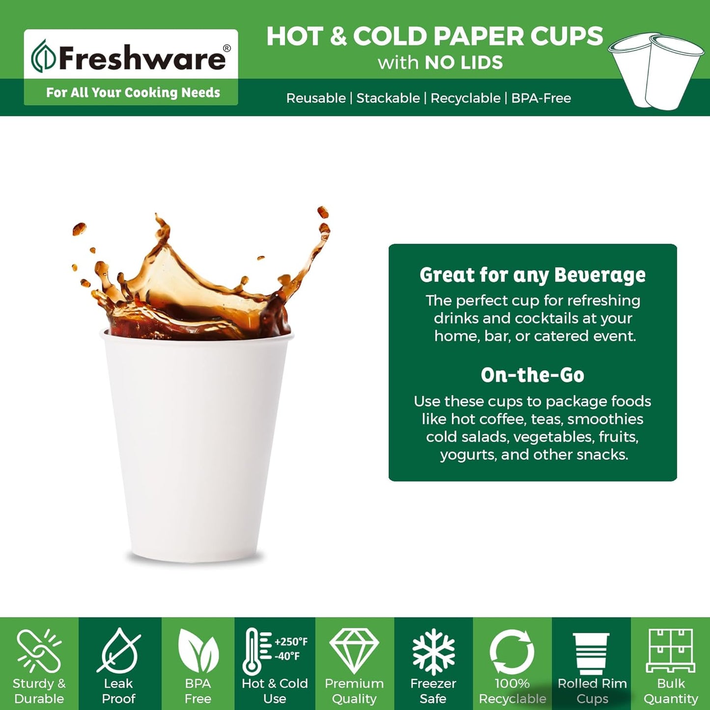 Freshware Coffee Cups 8 oz [100 Pack] Disposable Paper Cups for Hot or Iced Coffee Cup, Slushie Cup, Milkshakes, Smoothies, and Tea