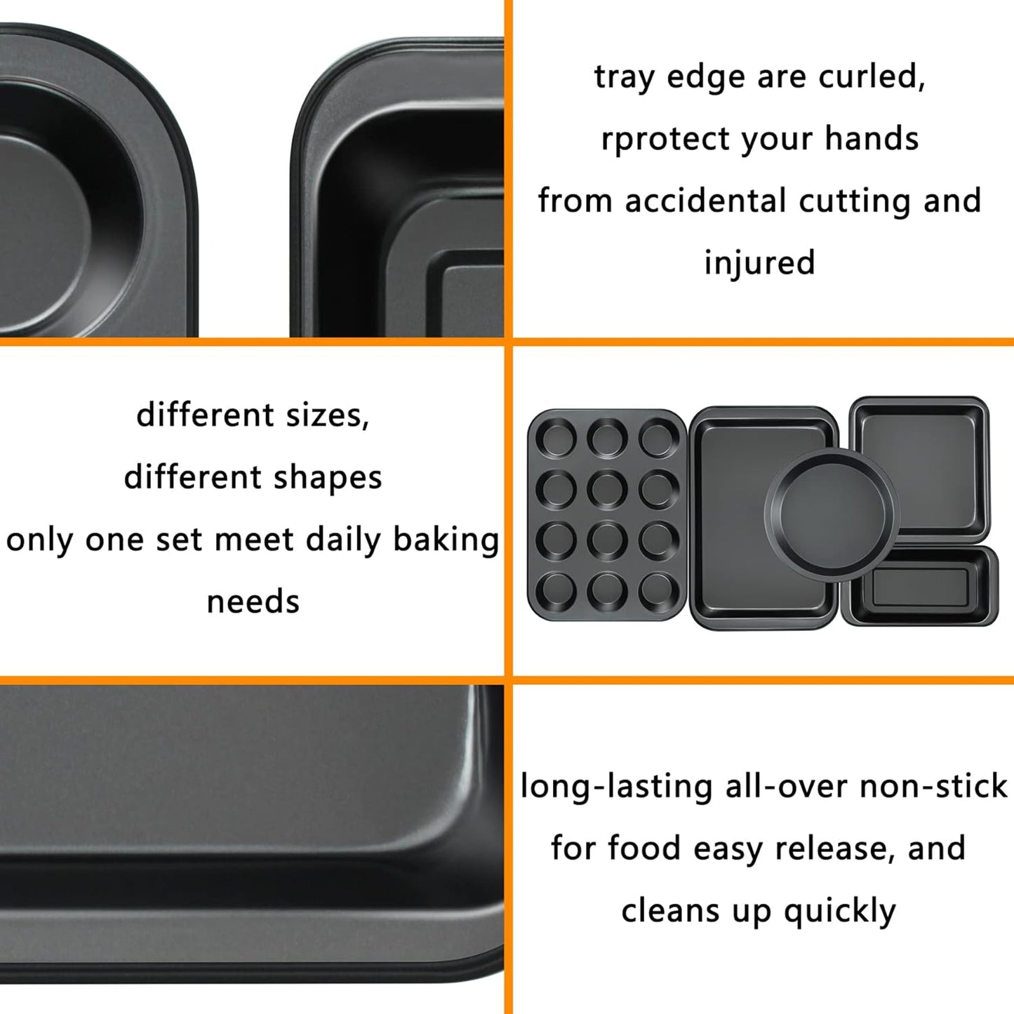 Kitchen 5-Piece Nonstick Bakeware Set - Round/Square Cake Pans, Muffin Pan, Loaf Pan, Roast Pan & Baking Sheets