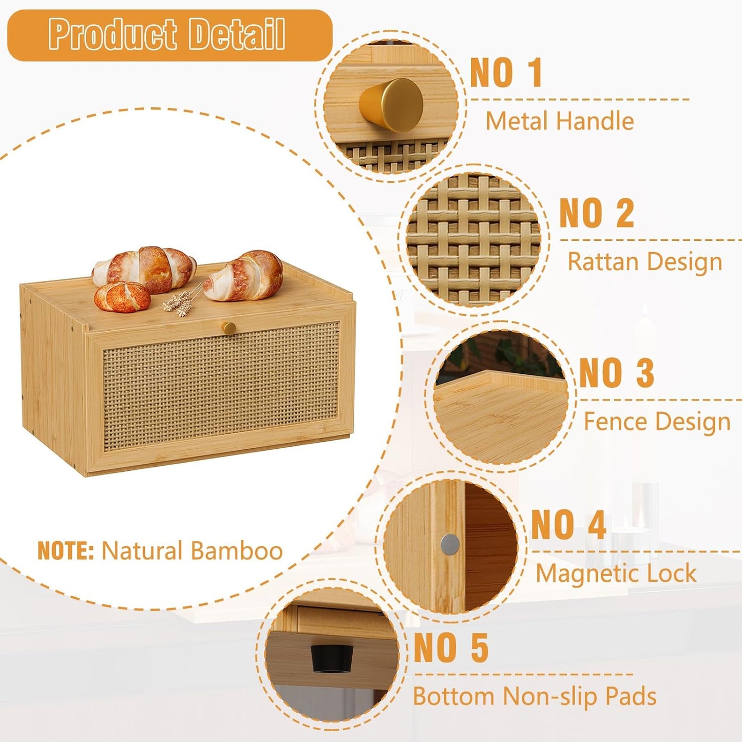 Rattan Bamboo Bread Box for Kitchen Counter Large Capacity Bread Storage Bin Farmhouse Bread Storage Container Rustic Bread Holder (Natural Bamboo)