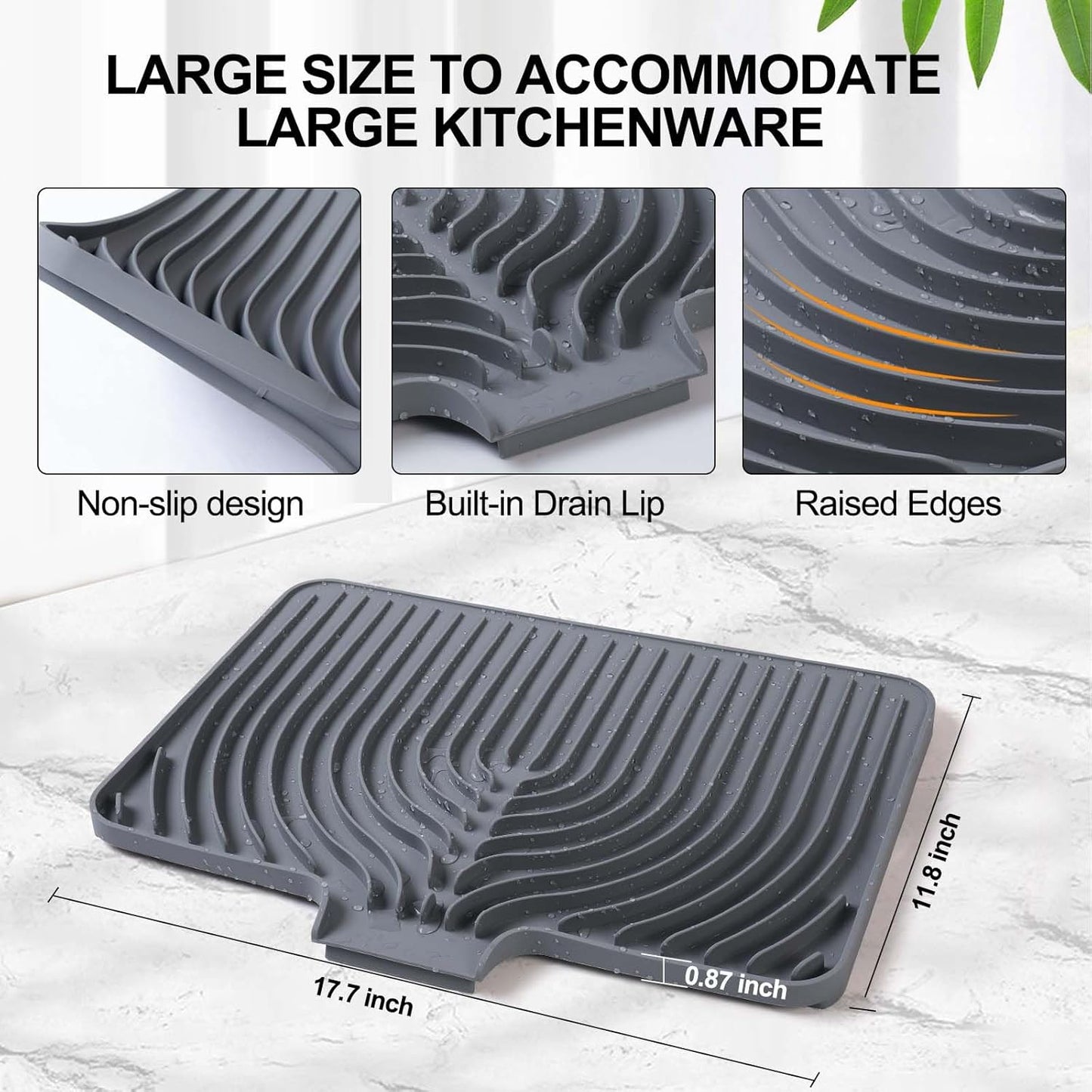 Silicone Dish Drying Mat for Kitchen Counter, (Grey, 18 x12 Raised Sink), Easy Clean Pad for Countertop Protection, Fast Self-Draining Slope, Non-Slip, Multiple Use