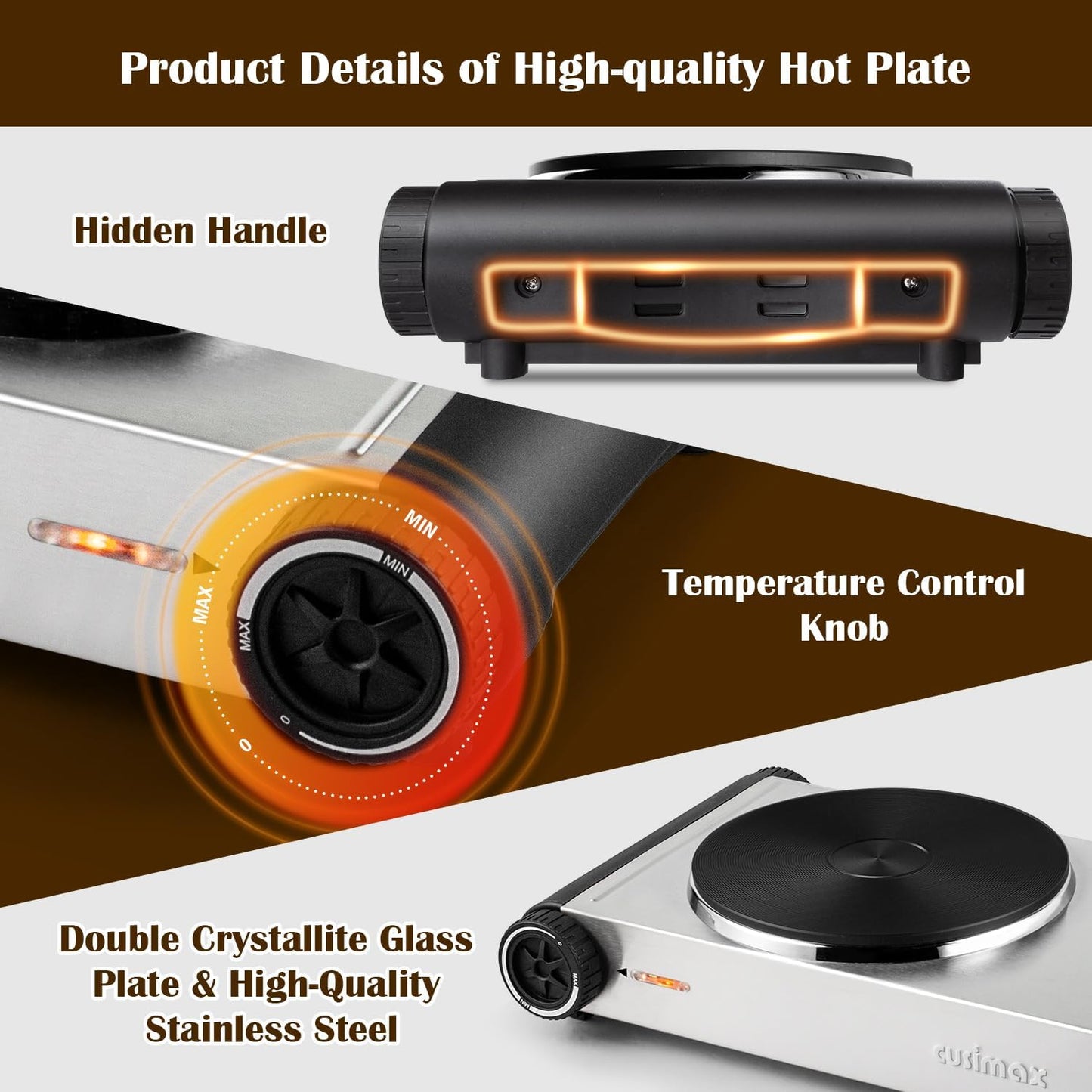 Cusimax Hot Plate,1800W Portable Electric Countertop Double Burner,Cast Iron Stove, Concealed Handle,Temperature Controls, Compatible for All Cookwares,Easy Clean, Upgraded Version(Sliver)
