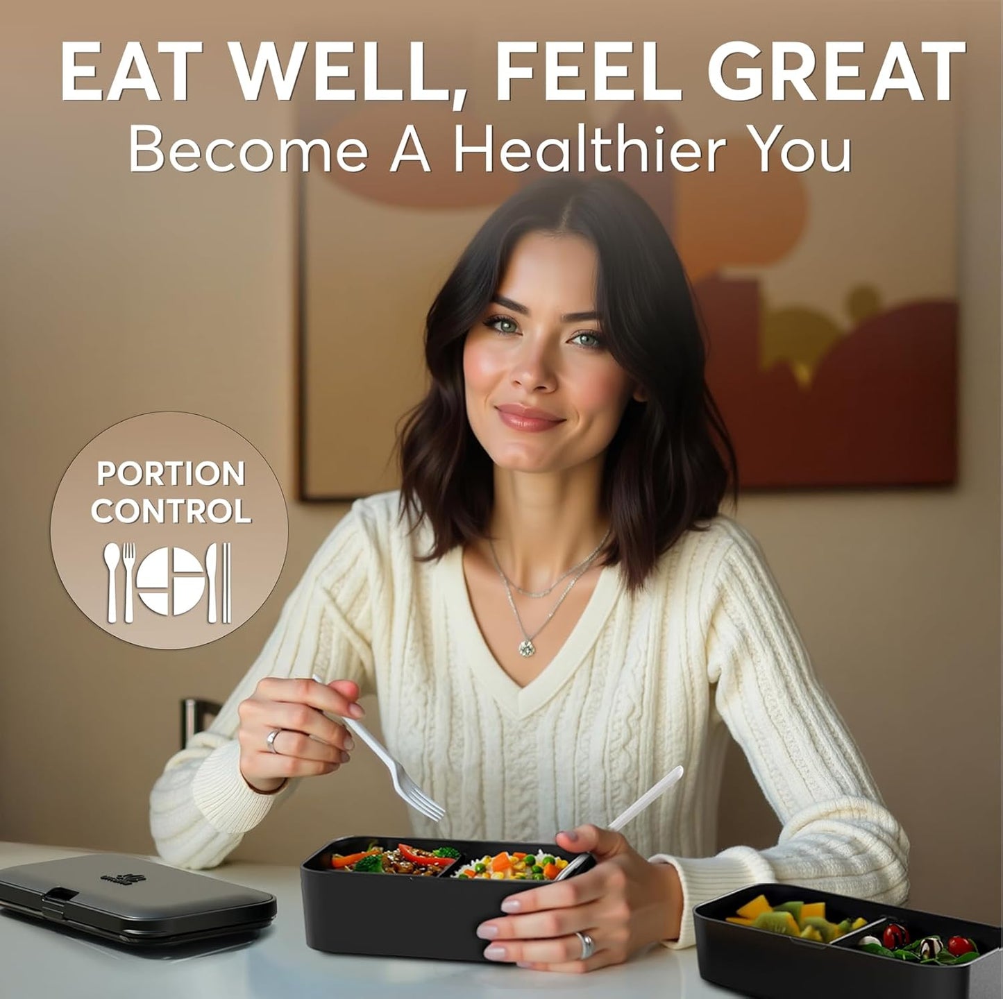 Umami Bento Box w/ 4 Utensils, 2 Sauce Jars, Nestable Space-Saving Lunch Box Containers, 100% Leakproof, Microwavable Lunch Containers for Adults, Design Award Winner, Onyx Black, 50 oz