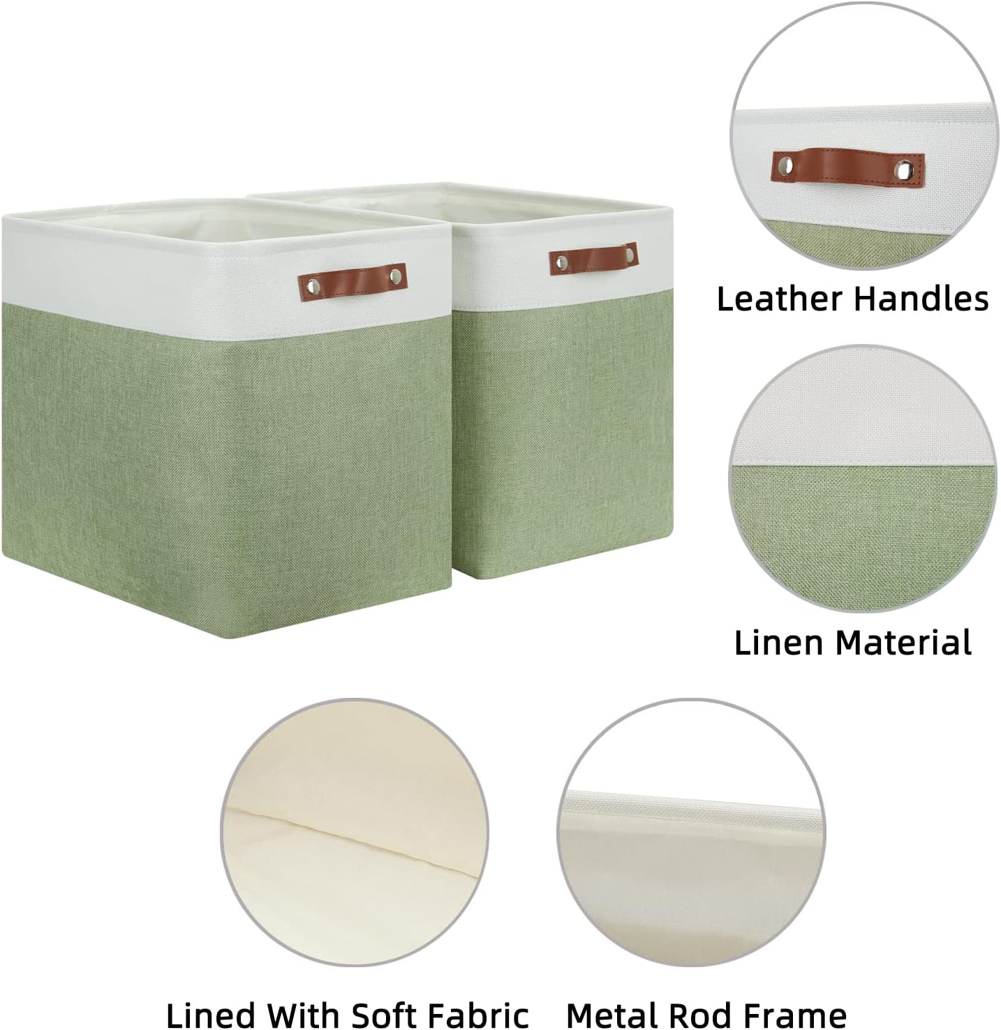 HNZIGE Shelf Storage Baskets for Clothes, Large Storage Bins Fabric Baskets for Organizing, Foldable Rectangular Decorative Storage Bins for Home Closet(White Green), 17" x 12" x 15"