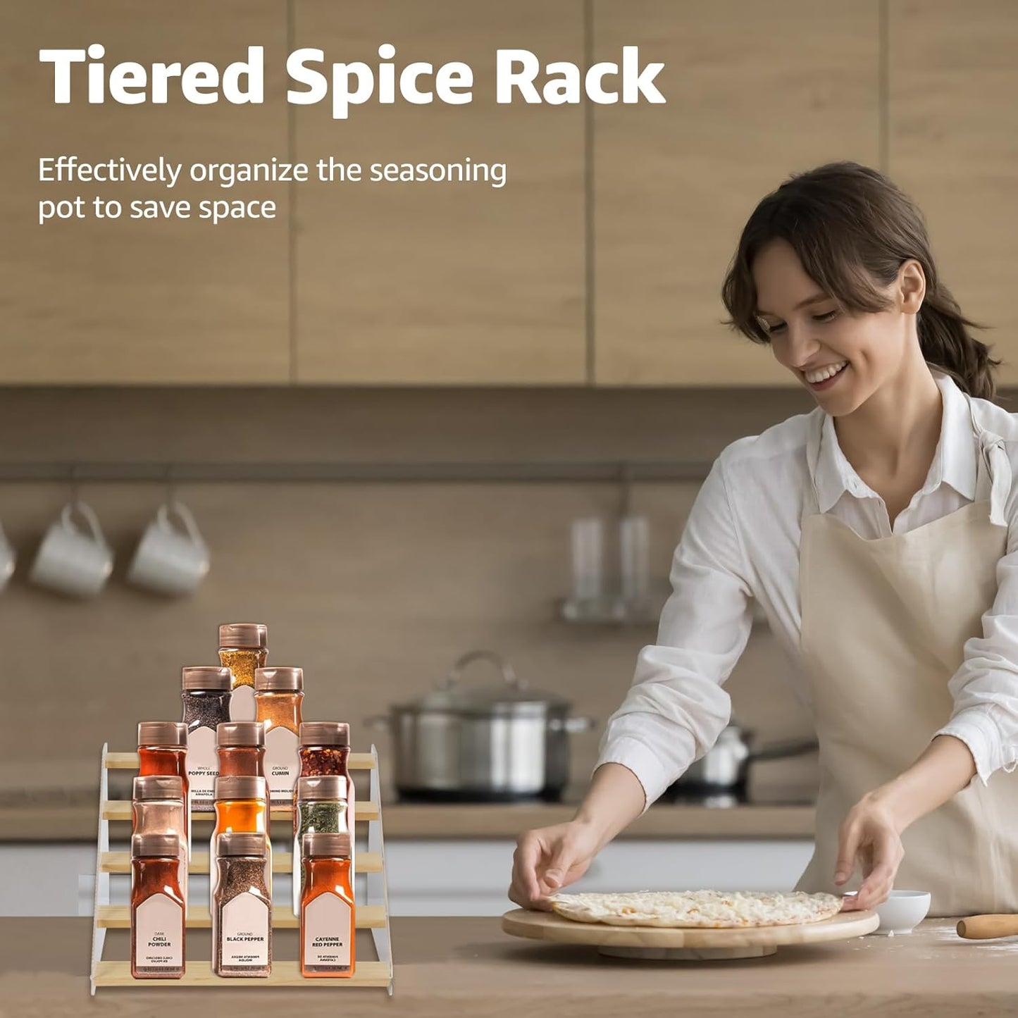 nianfeng Tiered Spice Rack, 5-Tier Spice Pantry Kitchen Cabinet Organizer, 12-Inch, Natural Wood Acrylic Stair Riser Stand, Countertop Seasoning Shelf