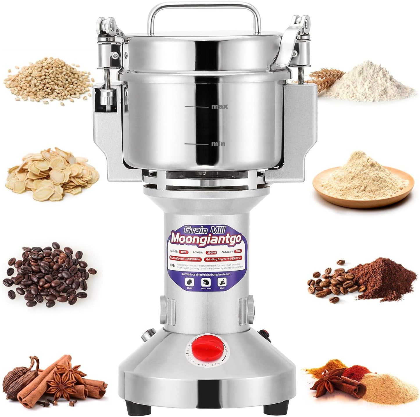 Moongiantgo Grain Mill Grinder Electric 700g Commercial Spice Grinder 2500W Stainless Steel Pulverizer Dry Grinding Machine for Wheat Corn Rice Pepper Herbs Coffee Beans (700g Upright, 110V)