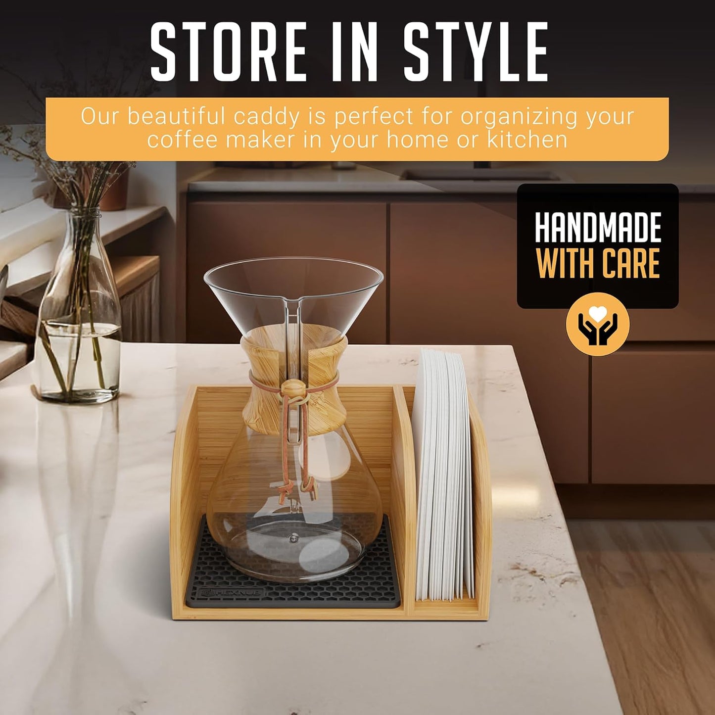 HEXNUB – Caddy for Pour Over Coffee Makers, Bamboo Stand fits Chemex, Bodum, Cosori Carafes, Heatproof Mat, Filter Holder for Coffee Brewing - Black Mat