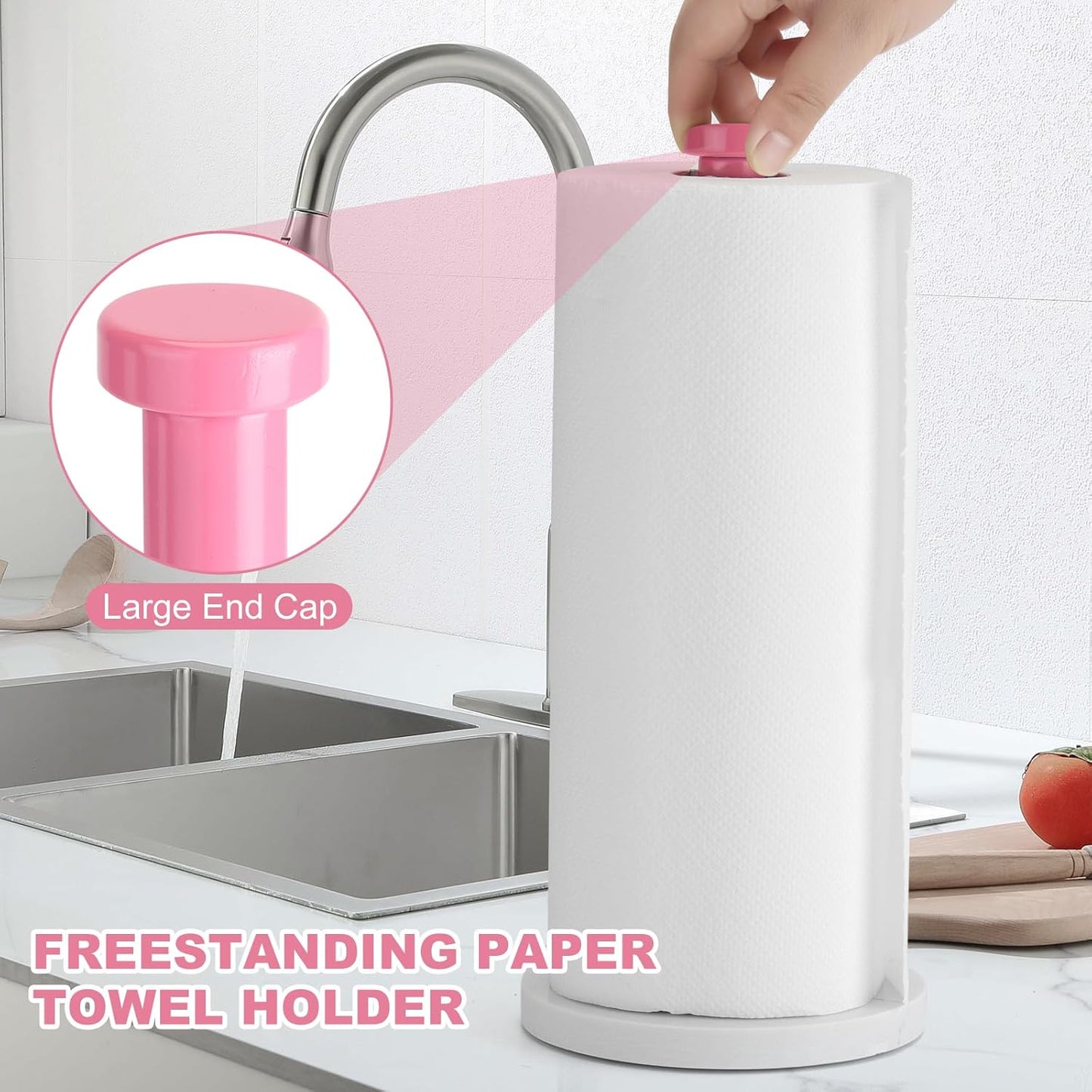 Standing Paper Towel Holder, Kitchen Paper Towel Roll Holder- for Bathroom Kitchen Countertop with Weighted Marble Base for One-Handed Operation (Pink), Pink Paper Towel Holder