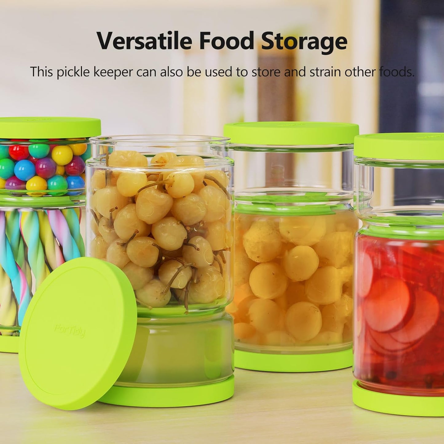 Glass Pickle Jar with Strainer Flip for Pickle Lover - 45 oz Leakproof Airtight Juice Separator for Olive, Gherkin or Chilli, BPA Free, Dishwasher and Refrigerator Safe (Green, 45 oz*1 pack)