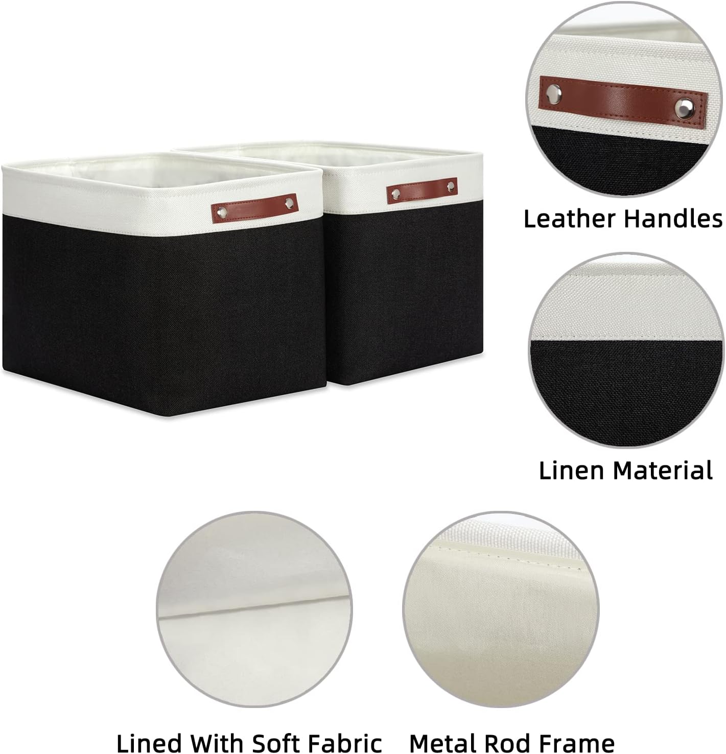 HNZIGE Decorative Organizer Baskets for Shelves 16"×11.8"×11.8" Large Storage Bins with Leather Handles (2 Pack) Foldable Storage Basket for Storage Bedroom, Balcony, Home, Laundry (Black&White)