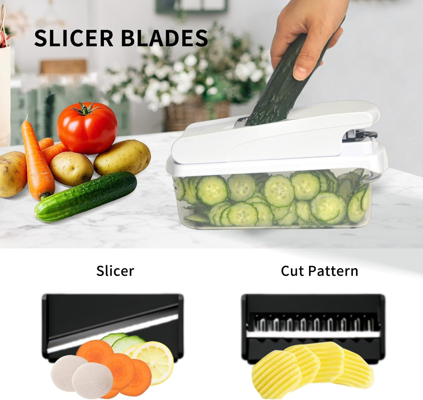 16 in 1 BPA free Vegetable Chopper with Container,Salad Food Veggie Chopper,Onion Cutter,Mandoline Slicer,Includes Egg Separator & Peeler,Non-Slip Base & Safety Guard,Chop 50% Faster(White)