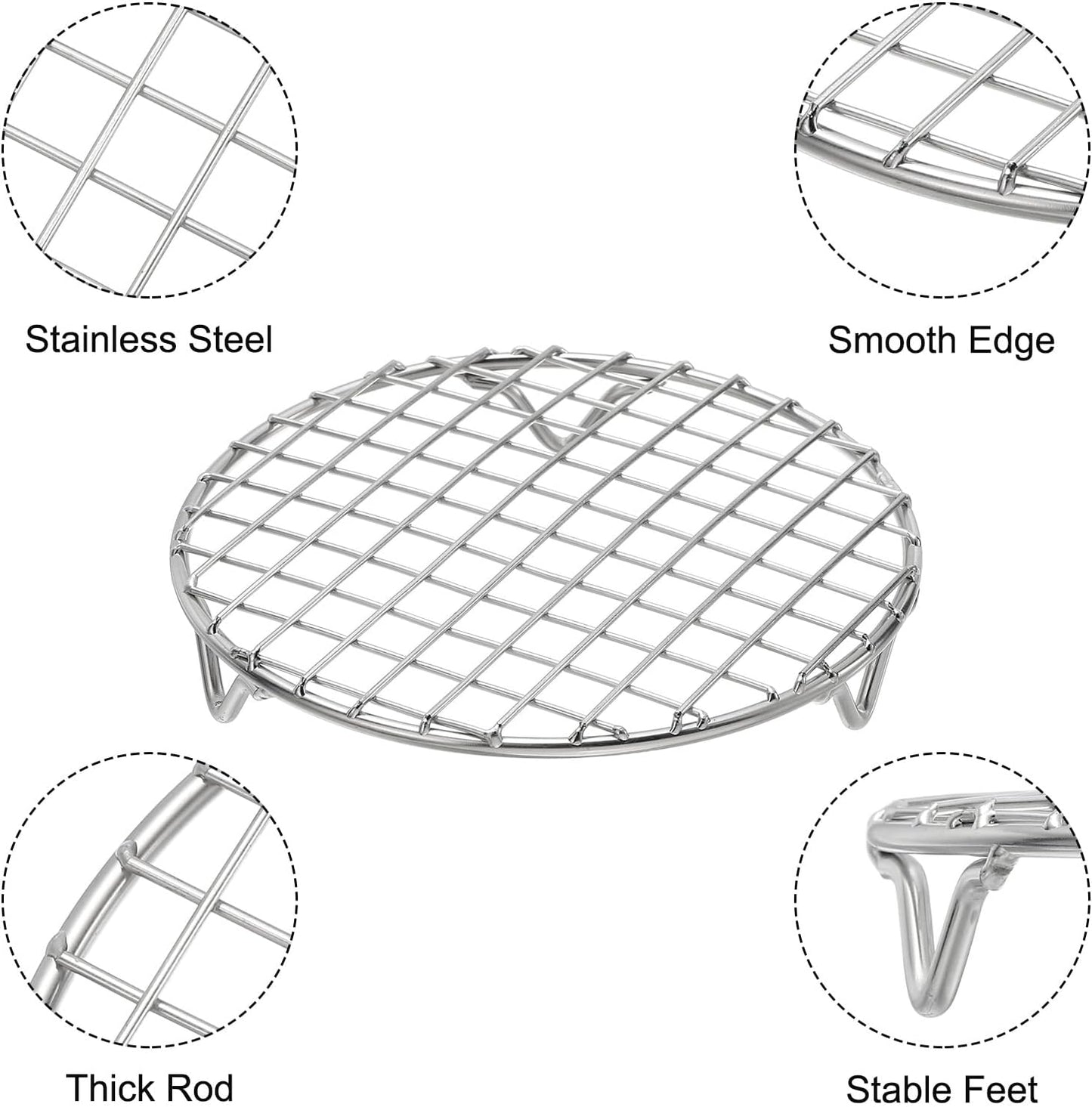uxcell Round Cooking Rack with Legs, Dia 6.5 Inch 304 Stainless Steel Barbecue Grill for Cooking Baking Barbecue Air Fryer Racks, Silver
