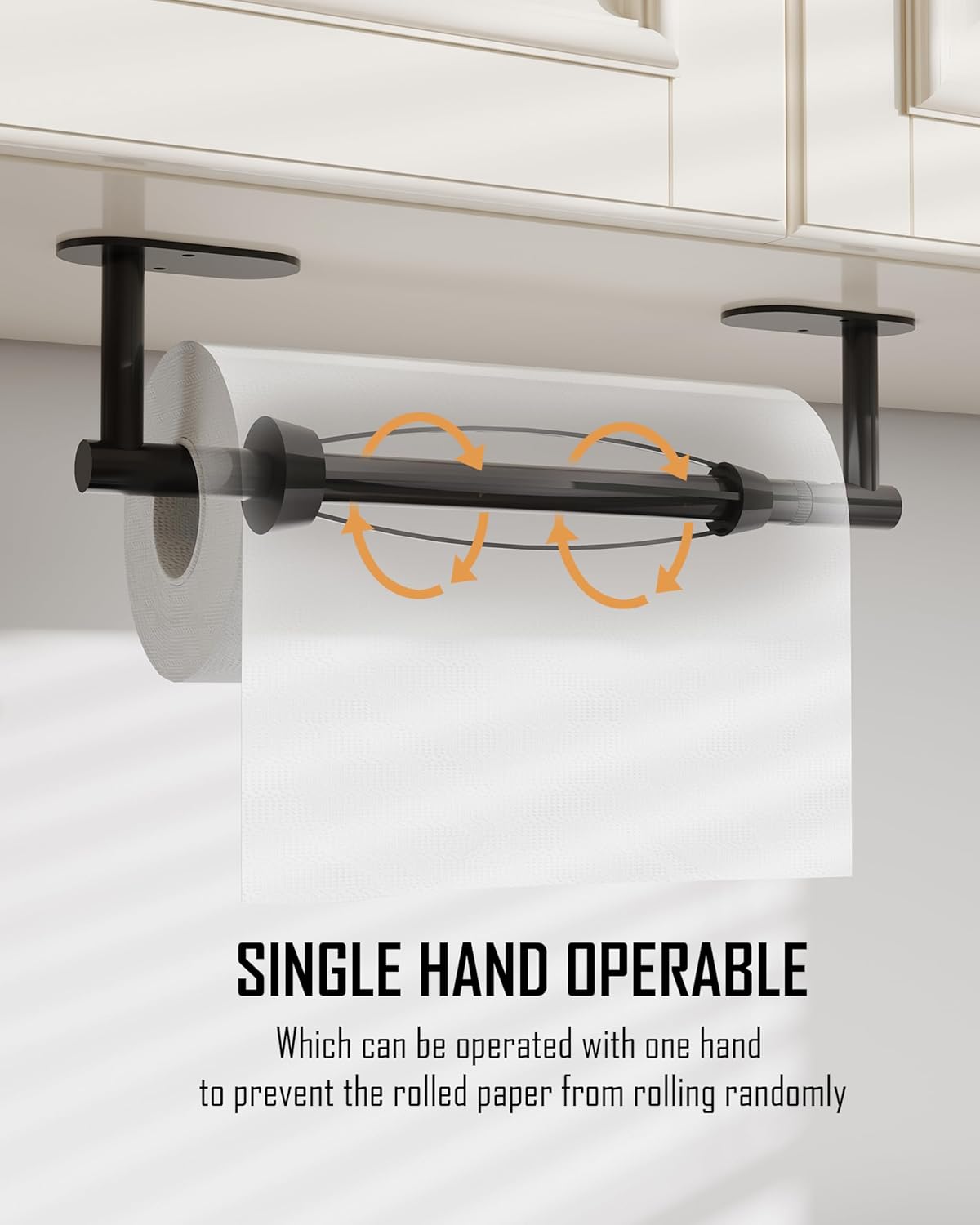 Paper Towel Holder Under Cabinet, Single Hand Operable Roll Holder with Damping Effect,No Drilling or Wall Mounted SUS304 Stainless Steel for Kitchen Bathroom (Matte Black)