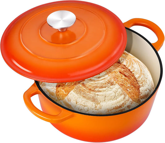 3QT Dutch Oven Pot with Lid, Leonyo 3 Quart Enameled Cast Iron Dutch Oven for Sourdough Bread Baking, Heavy Duty Cookware for Braising, Stews, Roasting, Orange