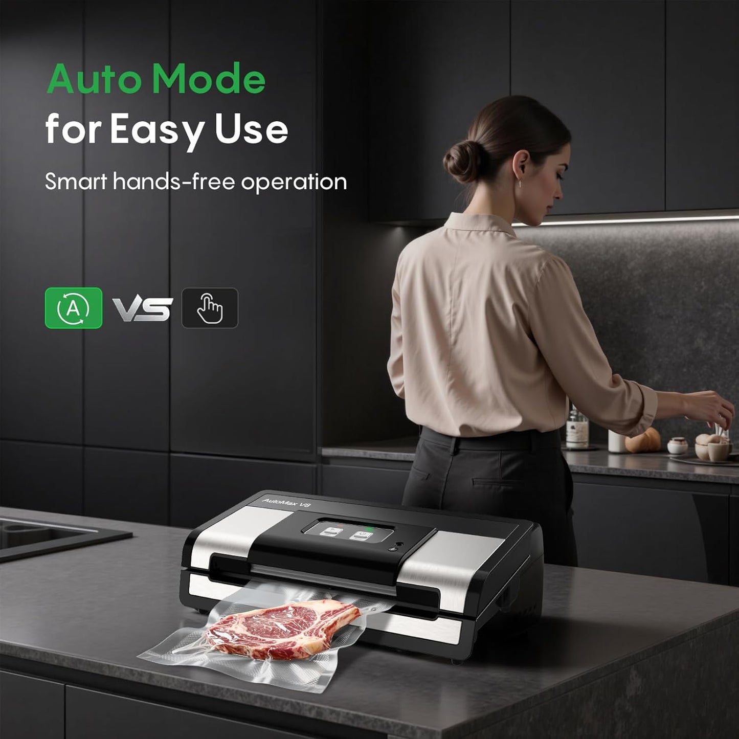 Fully Automatic Vacuum Sealer, 95Kpa Powerful Food Vacuum Sealer Machine, Auto Dry-Wet Detection | Bag Cutter | 2 Rolls Bags | Effortless Operation, Silver - Black