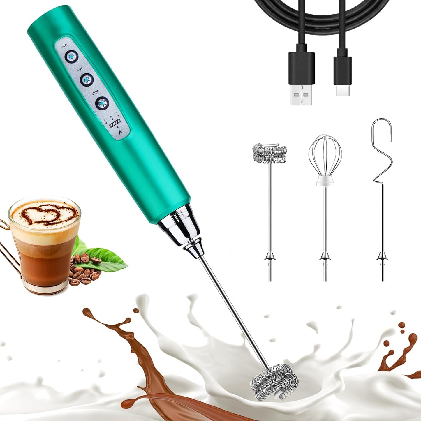 Nahida Turquoise Milk Frother Wand for Coffee, Frother Handheld Rechargeable Electric Whisk with 3 Heads 3 Speeds Drink Mixer Coffee Frother Foam Maker For Latte, Cappuccino, Hot Chocolate, Egg