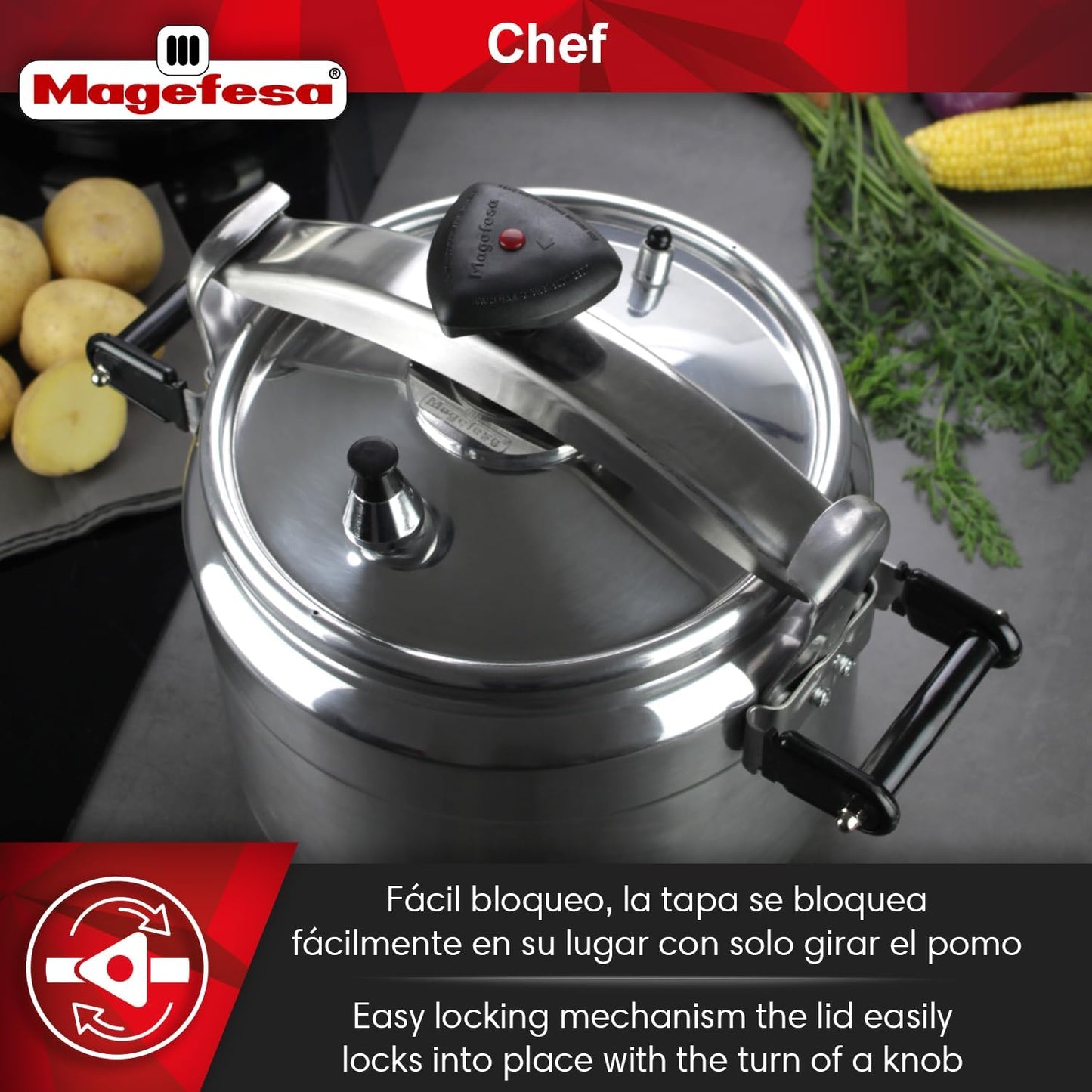 MAGEFESA Chef 23-Quart Aluminum Pressure Cooker – Stainless Steel Lid, Thermodiffusion Base, 3 Safety Systems, Fast & Even Cooking