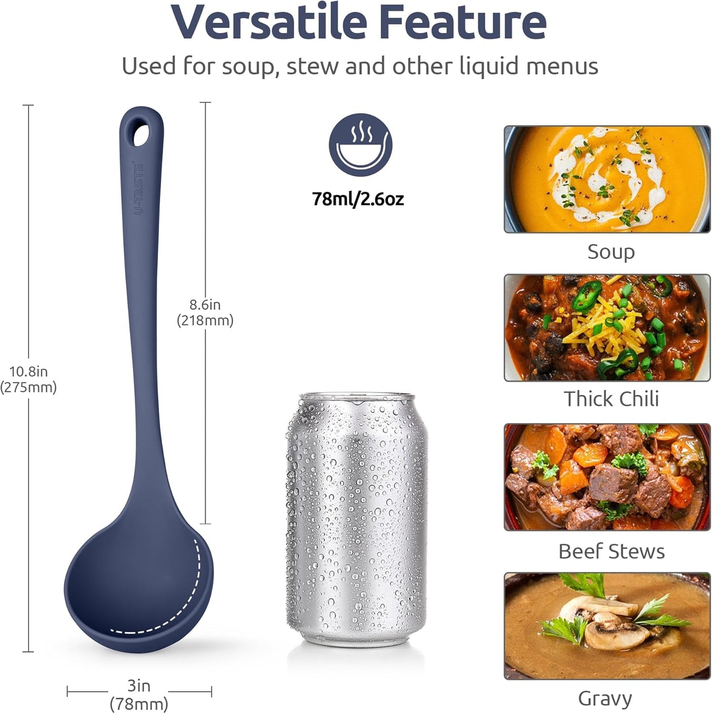 2.6oz Small Silicone Soup Ladle: U-Taste 600ºF Heat Resistant Non-Stick Kitchen Deep Serving Spoon, Soft Cooking Utensil with Non-Slip Solid Handle for Mixing Sauce Stew Gravy (11in, Midnight Blue)