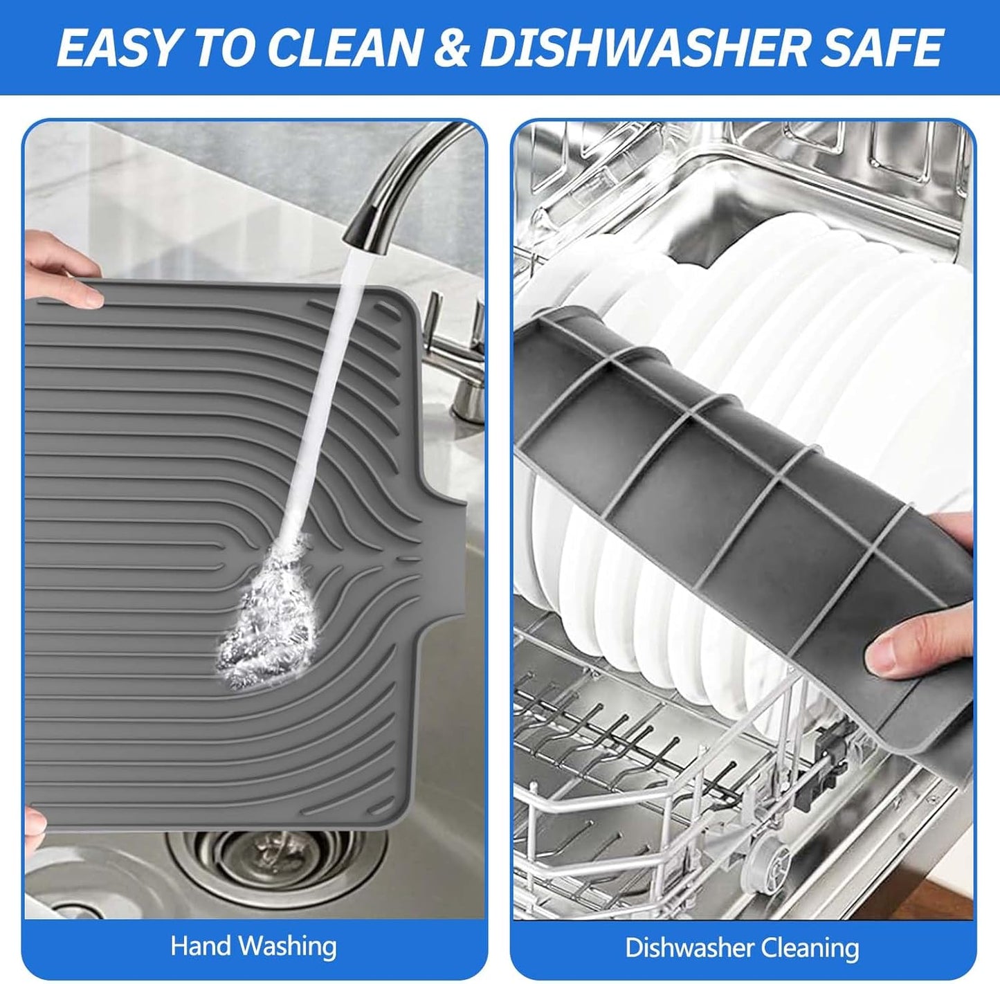 Silicone Dish Drying Mat for Kitchen Counter with Built-in Drain, Easy Clean Pad for Countertop Protection, Fast Self-Draining Slope, Non-Slip, Multiple Use 17.7 x 11.8 Inch (Grey)