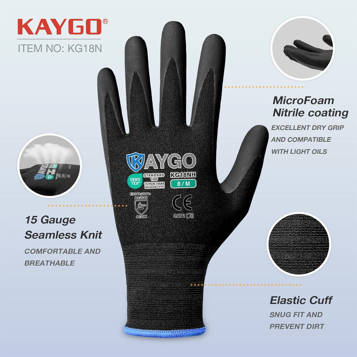 KAYGO Safety Work Gloves MicroFoam Nitrile Coated, 12 Pairs KG18NB,Seamless Knit Nylon Glove with full fingers Touchscreen, Ideal for Automotive,Warehouse,Construction (Small, Black)